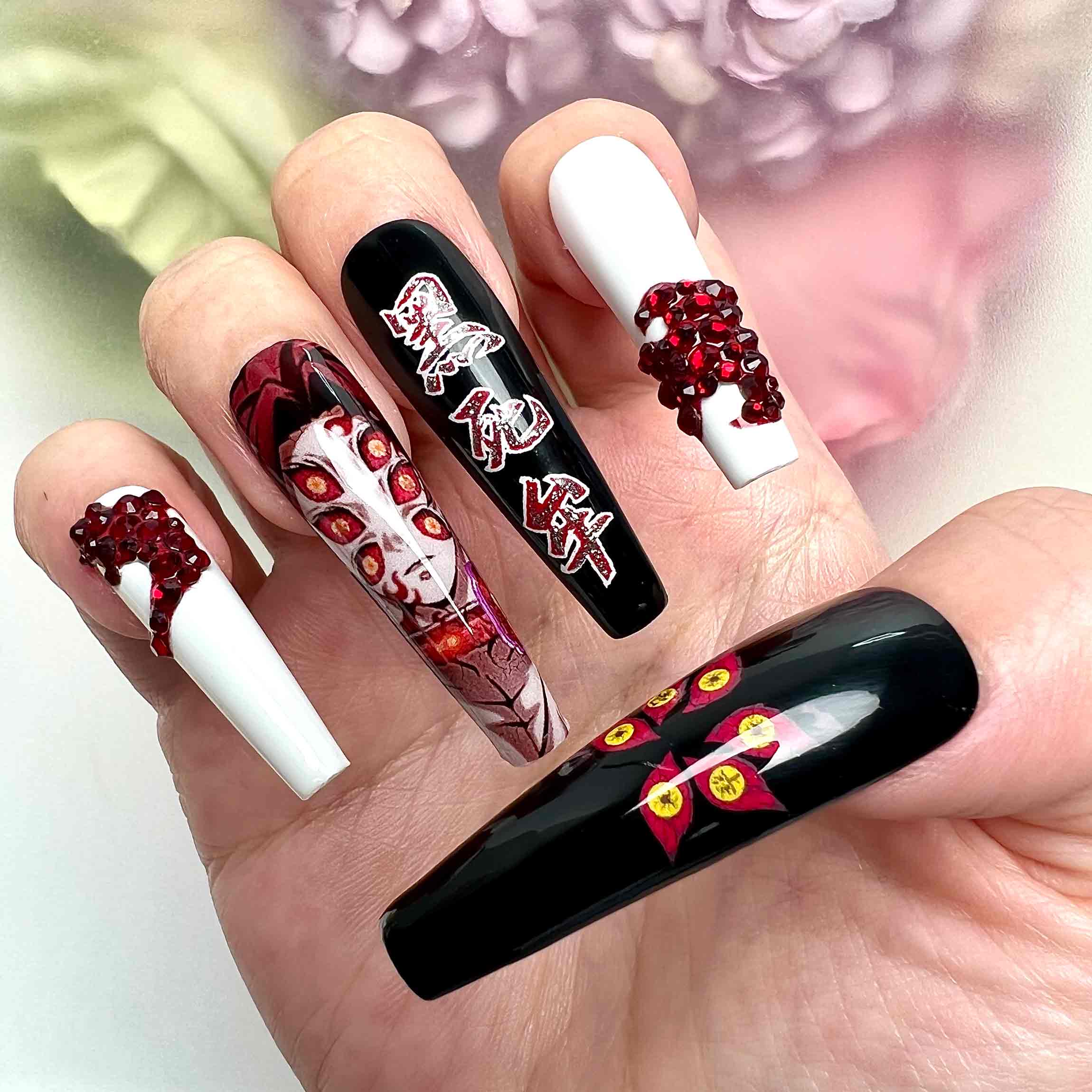 Kokushibo Nails – Demon Slayer KNY Press-On Set, 3D Red Crystal &amp; Six Eyes Upper Moon 1 Design | Dragonnail