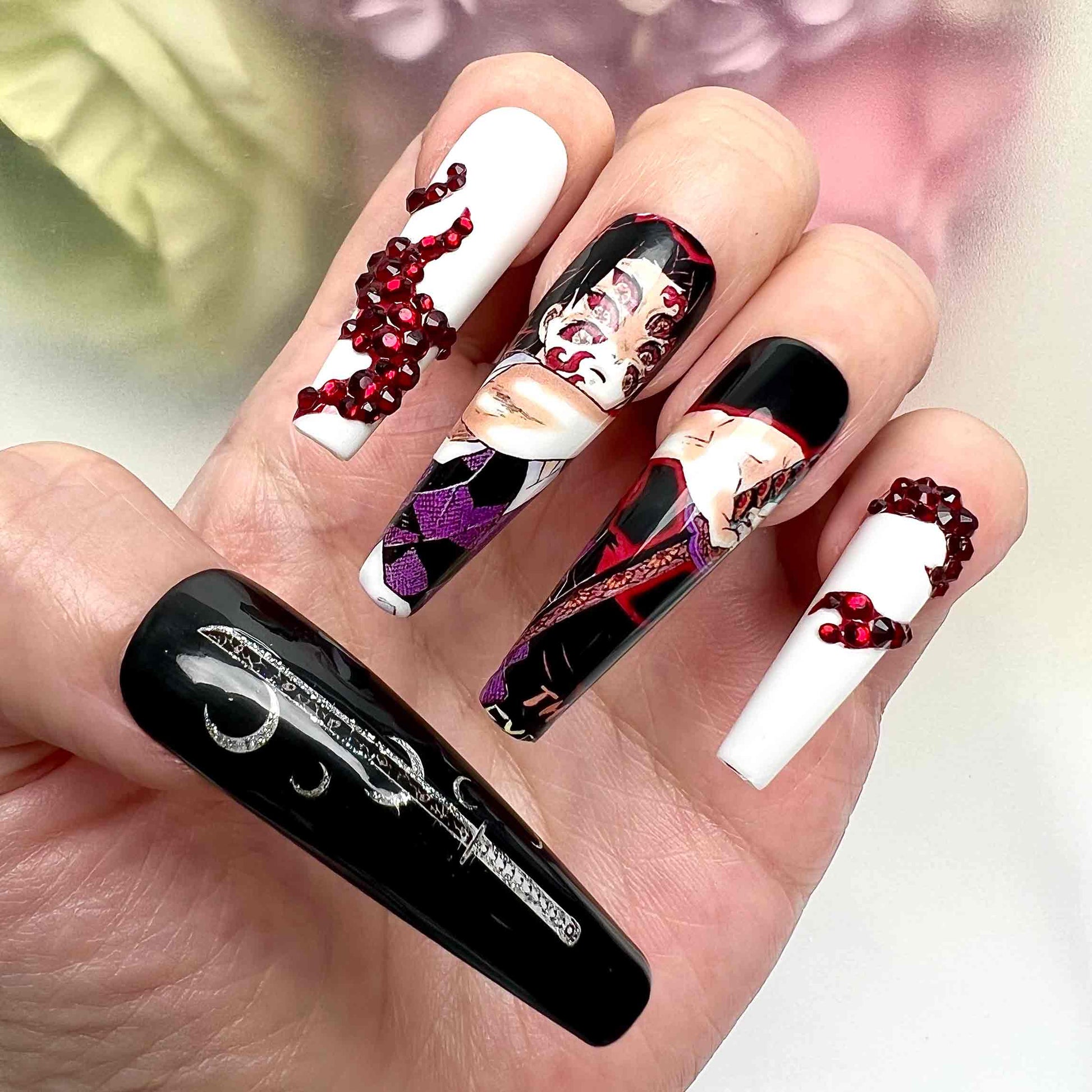 Kokushibo Nails – Demon Slayer KNY Press-On Set, 3D Red Crystal &amp; Six Eyes Upper Moon 1 Design | Dragonnail