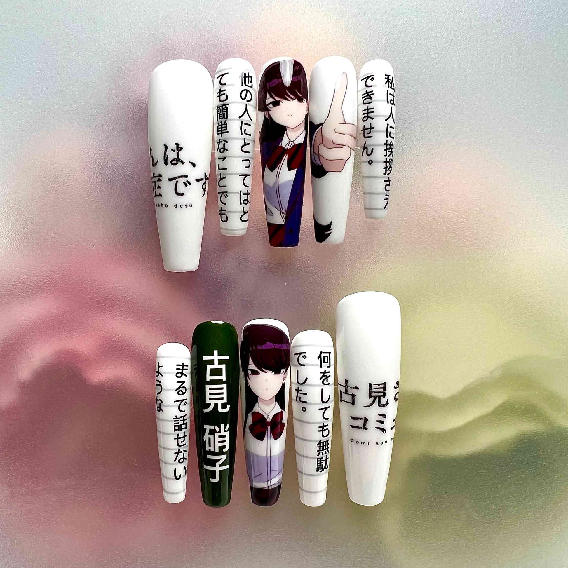 Komi Shouko Nails – Komi Can't Communicate Press-On Set, Cute Kanji &amp; Text Anime Design | Dragonnail
