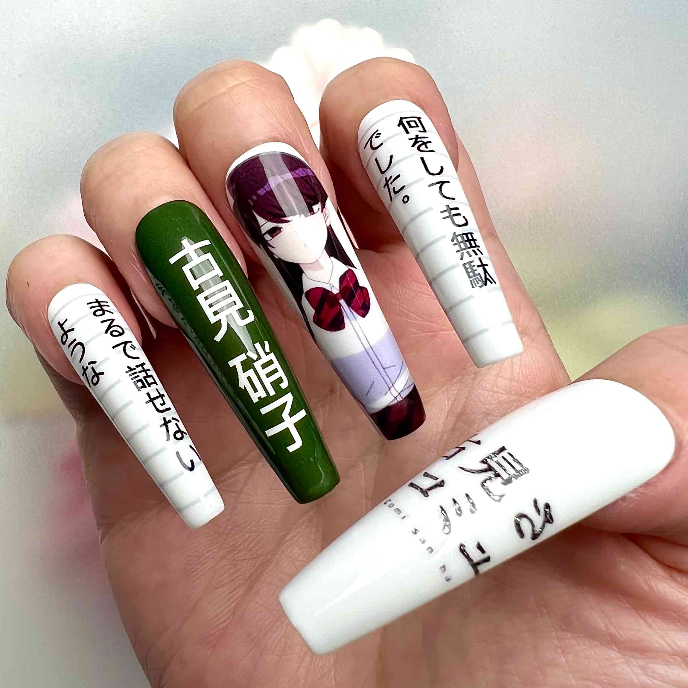 Komi Shouko Nails – Komi Can't Communicate Press-On Set, Cute Kanji &amp; Text Anime Design | Dragonnail