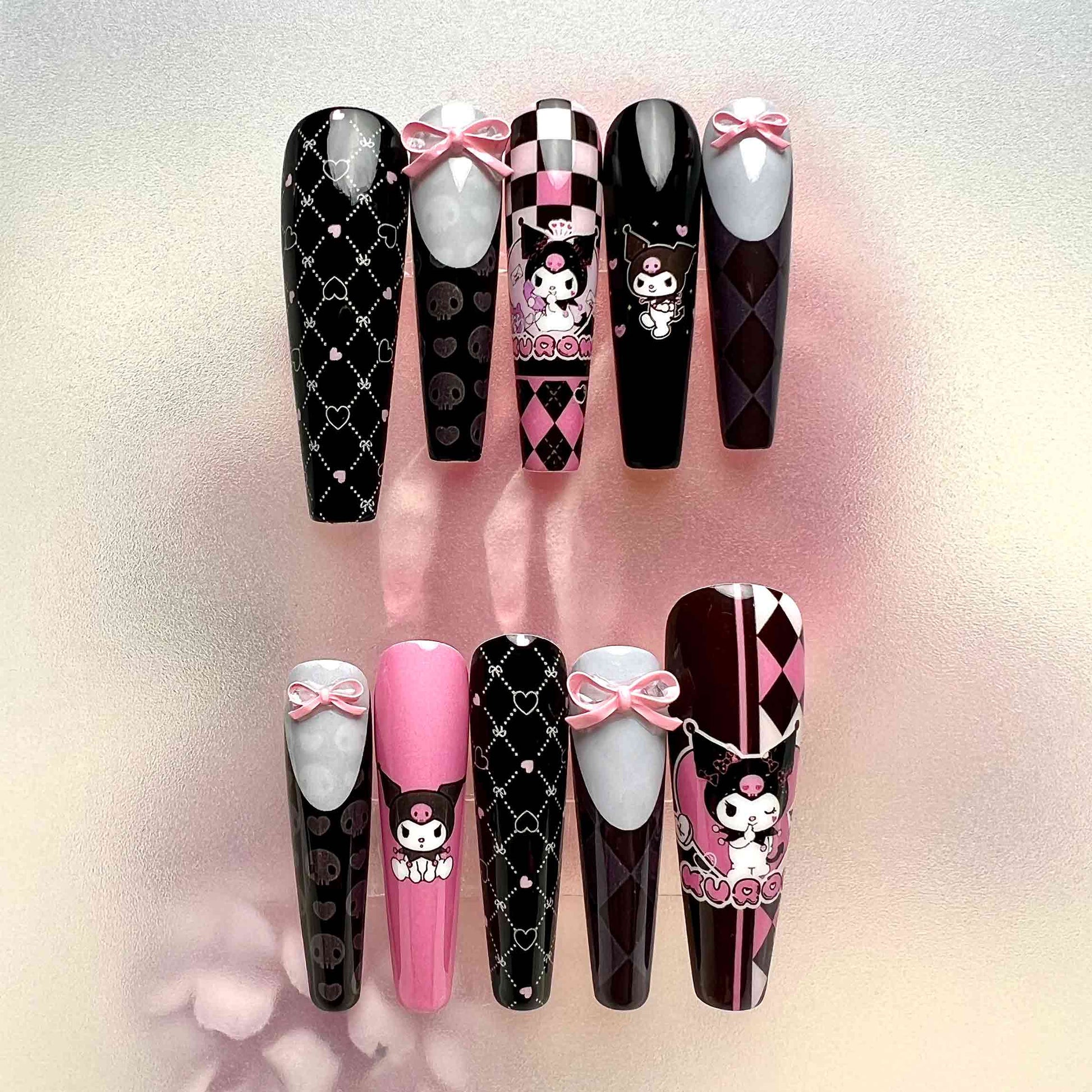 Kuromi Nails – Sanrio Press-On Set, Pink &amp; Black Goth Kawaii 3D Bow Design | Dragonnail