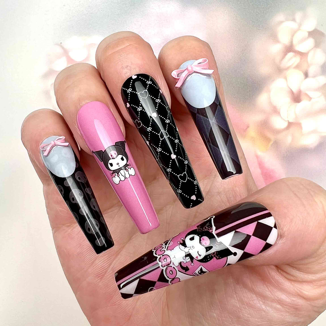 Kuromi Nails – Sanrio Press-On Set, Pink &amp; Black Goth Kawaii 3D Bow Design | Dragonnail