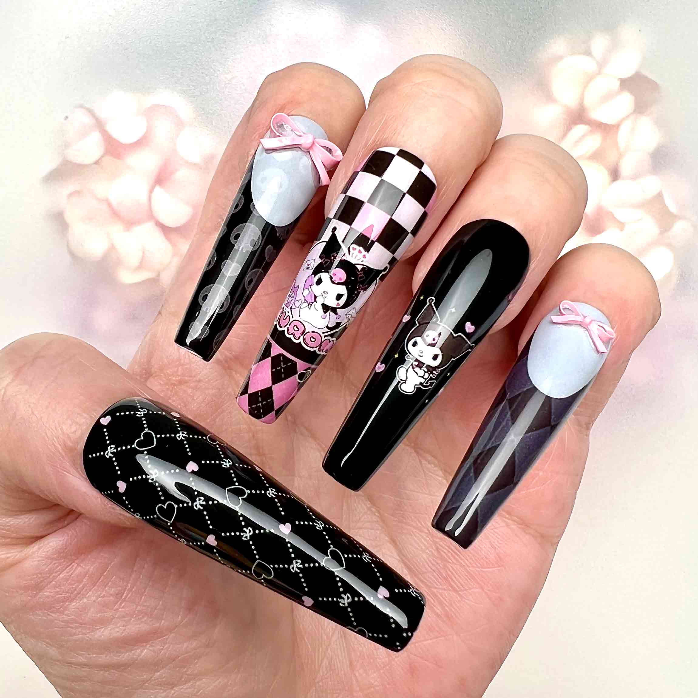 Kuromi Nails – Sanrio Press-On Set, Pink &amp; Black Goth Kawaii 3D Bow Design | Dragonnail
