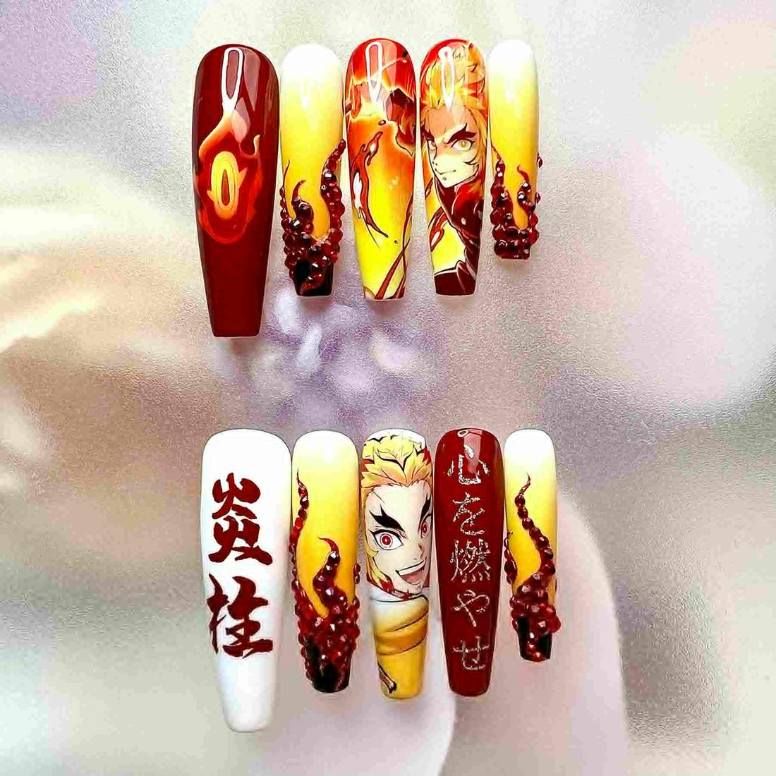 Rengoku Flame Nails – Demon Slayer Fire Hashira Press-On Nail Set | Dragonnail