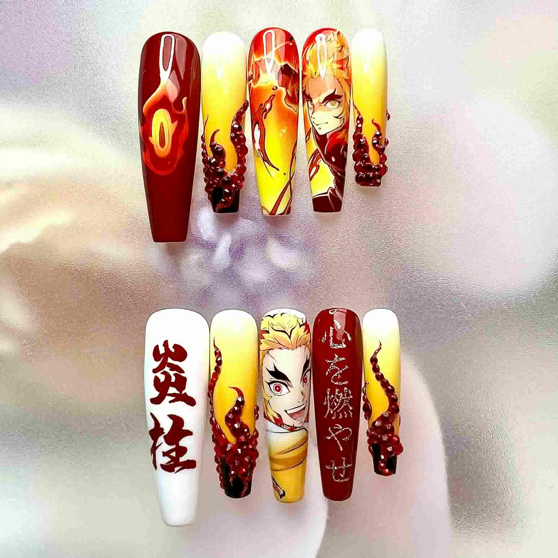 Rengoku Flame Nails – Demon Slayer Fire Hashira Press-On Nail Set | Dragonnail