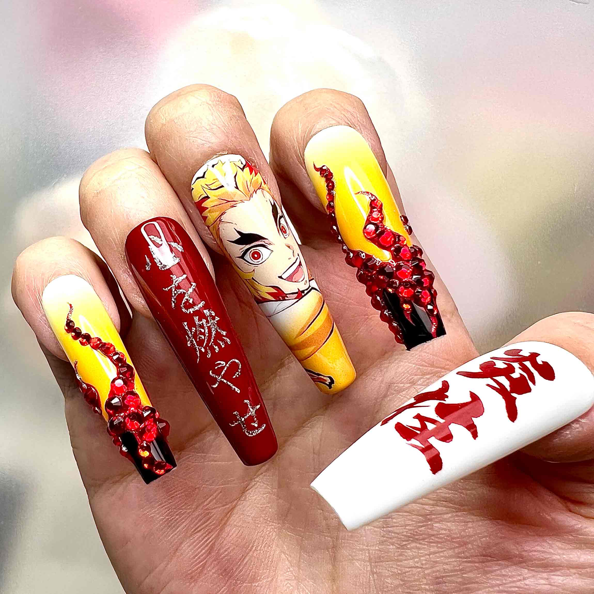 Rengoku Flame Nails – Demon Slayer Fire Hashira Press-On Nail Set | Dragonnail