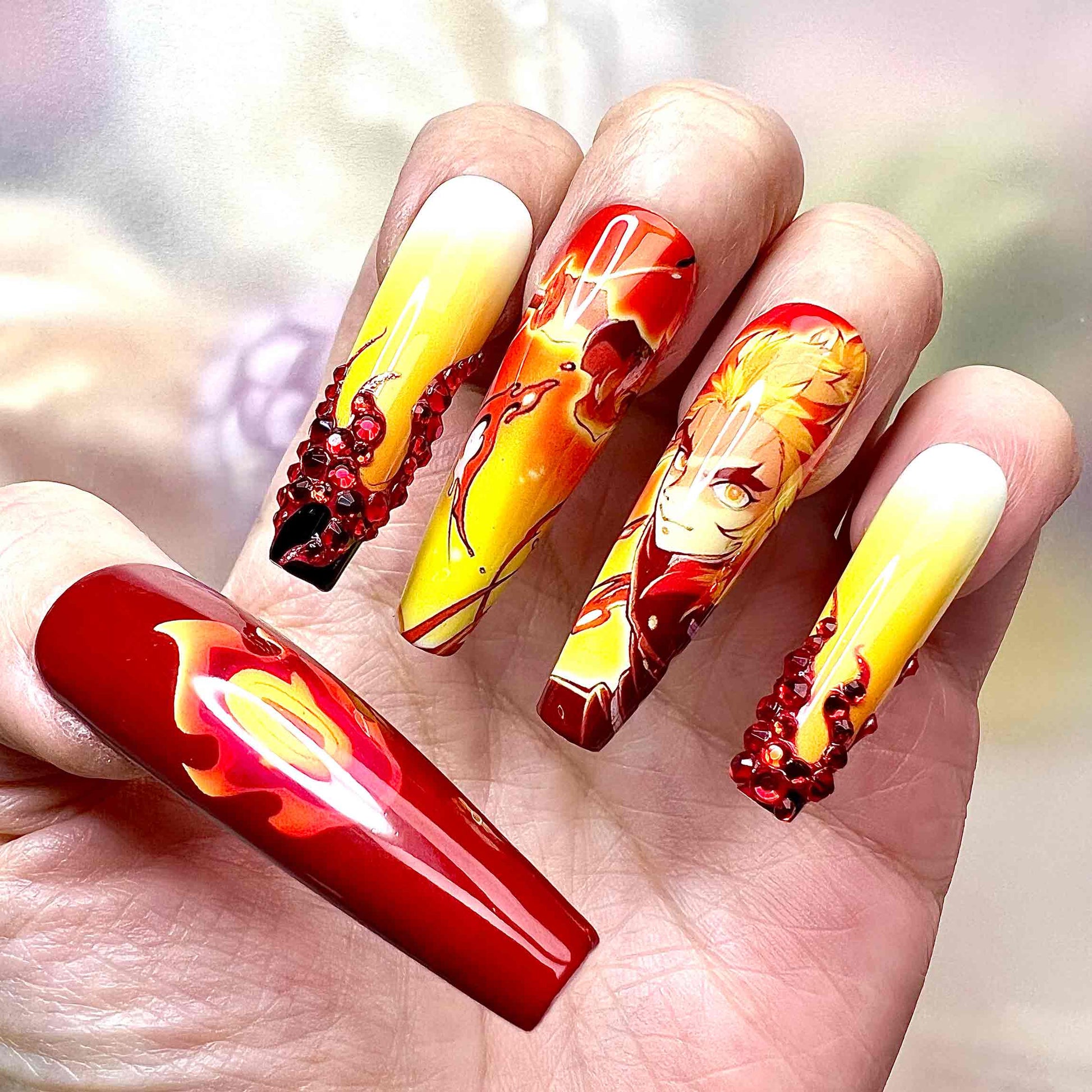 Rengoku Flame Nails – Demon Slayer Fire Hashira Press-On Nail Set | Dragonnail