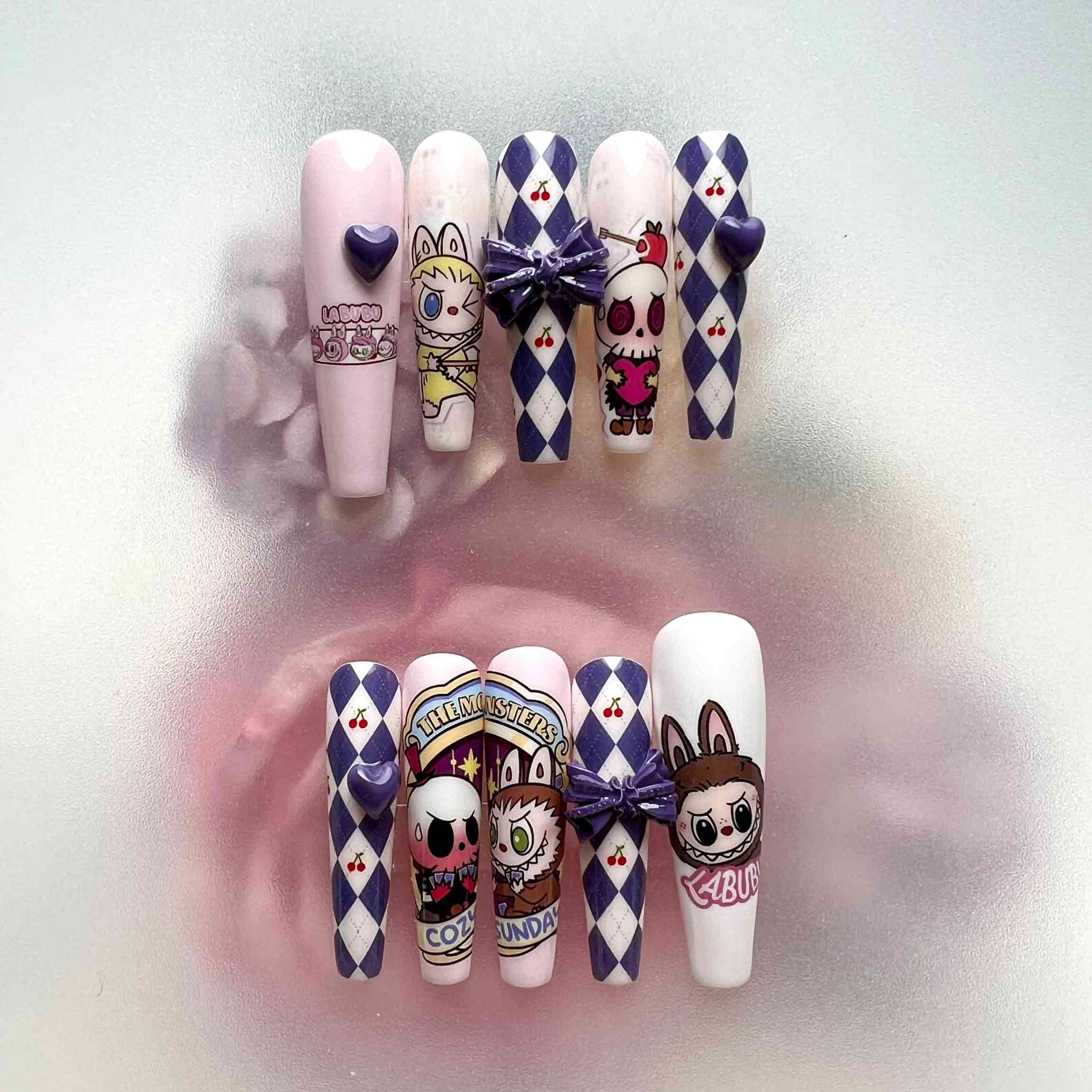 Labubu &amp; The Monsters Nails – Pop Mart Press-On Set, 3D Bow, Argyle &amp; Kawaii Design | Dragonnail