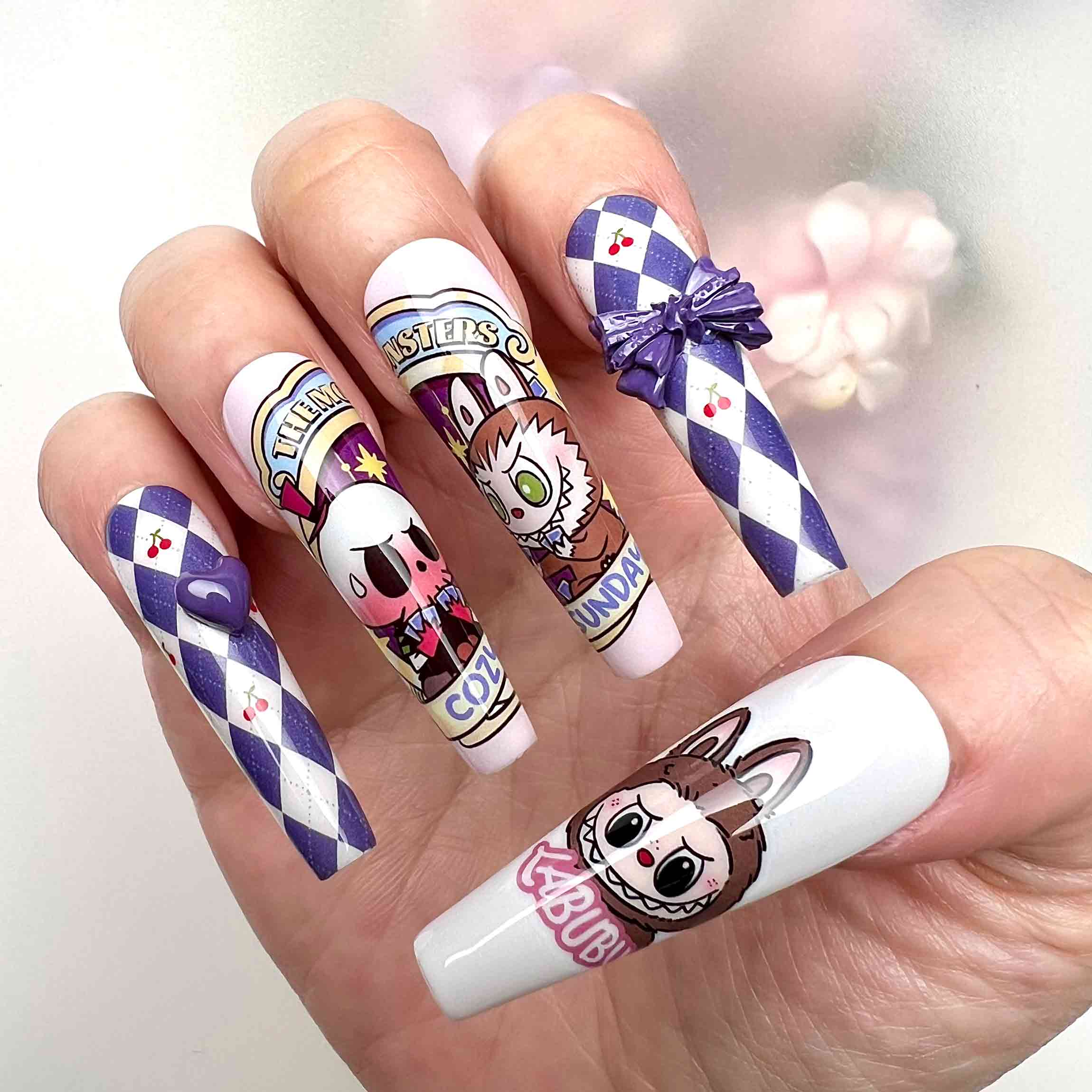 Labubu &amp; The Monsters Nails – Pop Mart Press-On Set, 3D Bow, Argyle &amp; Kawaii Design | Dragonnail