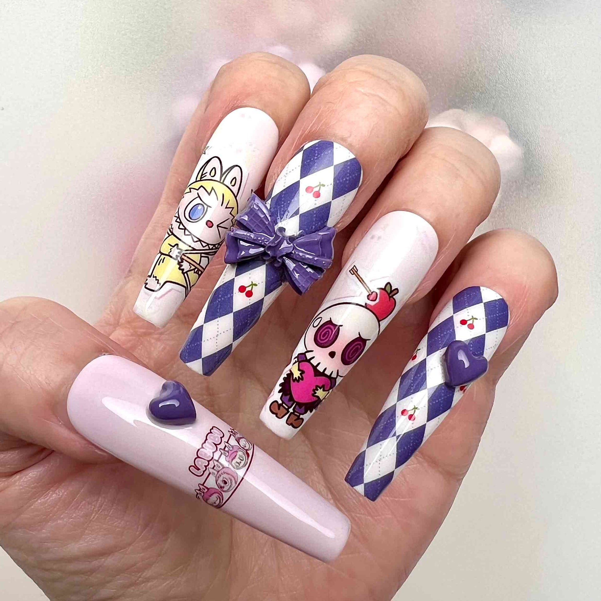 Labubu &amp; The Monsters Nails – Pop Mart Press-On Set, 3D Bow, Argyle &amp; Kawaii Design | Dragonnail