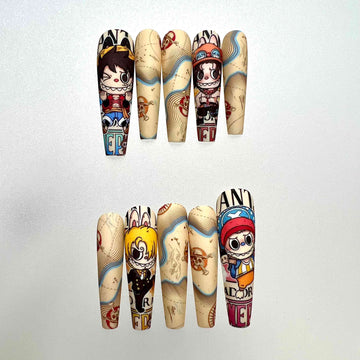 One Piece Chibi Nails – Luffy, Ace &amp; Chopper Press-On Set, Matte Treasure Map "WANTED" Design | Dragonnail
