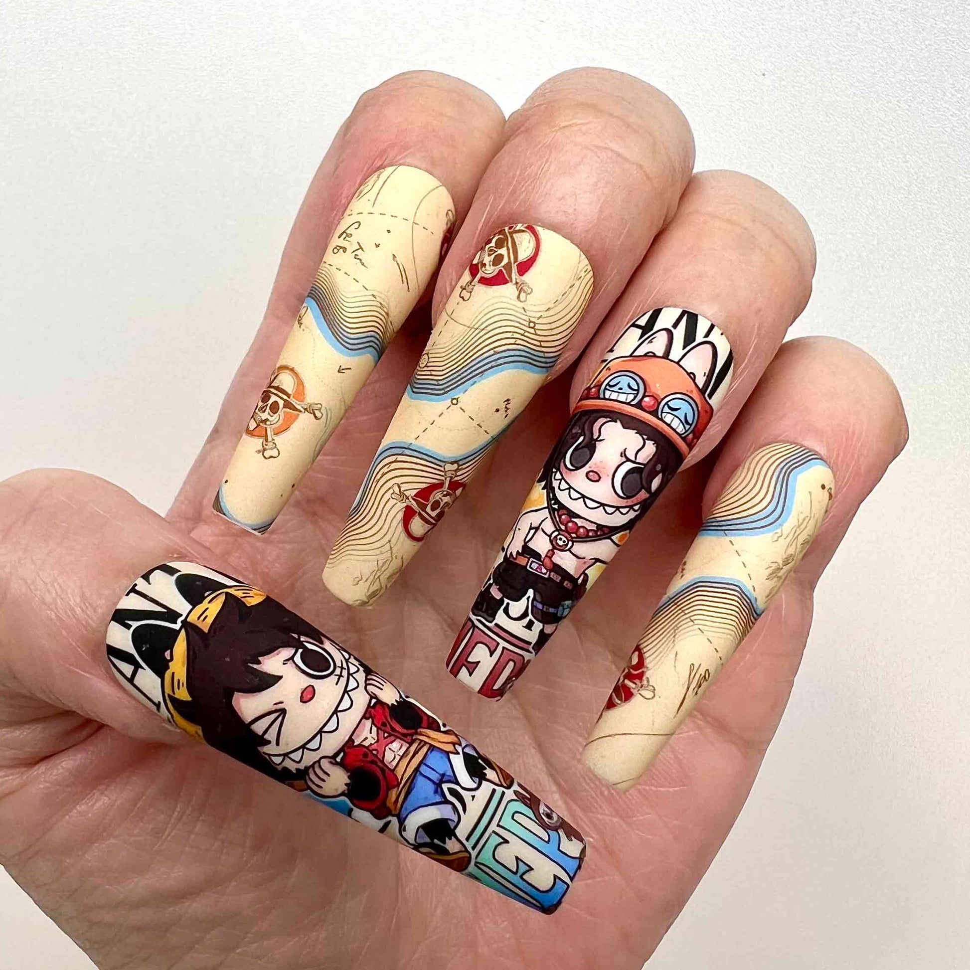 One Piece Chibi Nails – Luffy, Ace &amp; Chopper Press-On Set, Matte Treasure Map "WANTED" Design | Dragonnail