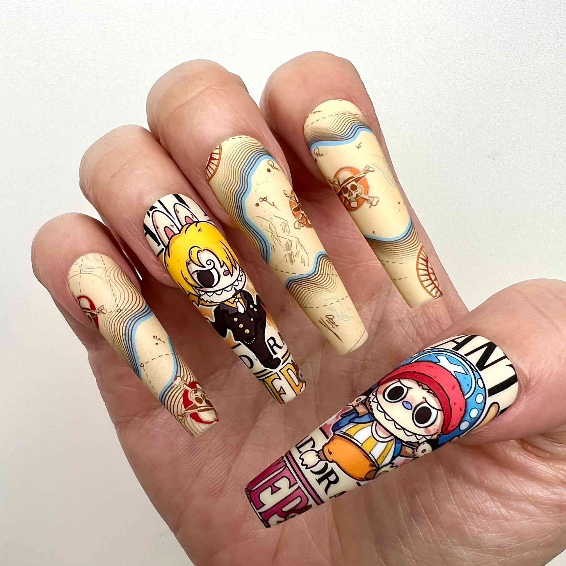 One Piece Chibi Nails – Luffy, Ace &amp; Chopper Press-On Set, Matte Treasure Map "WANTED" Design | Dragonnail
