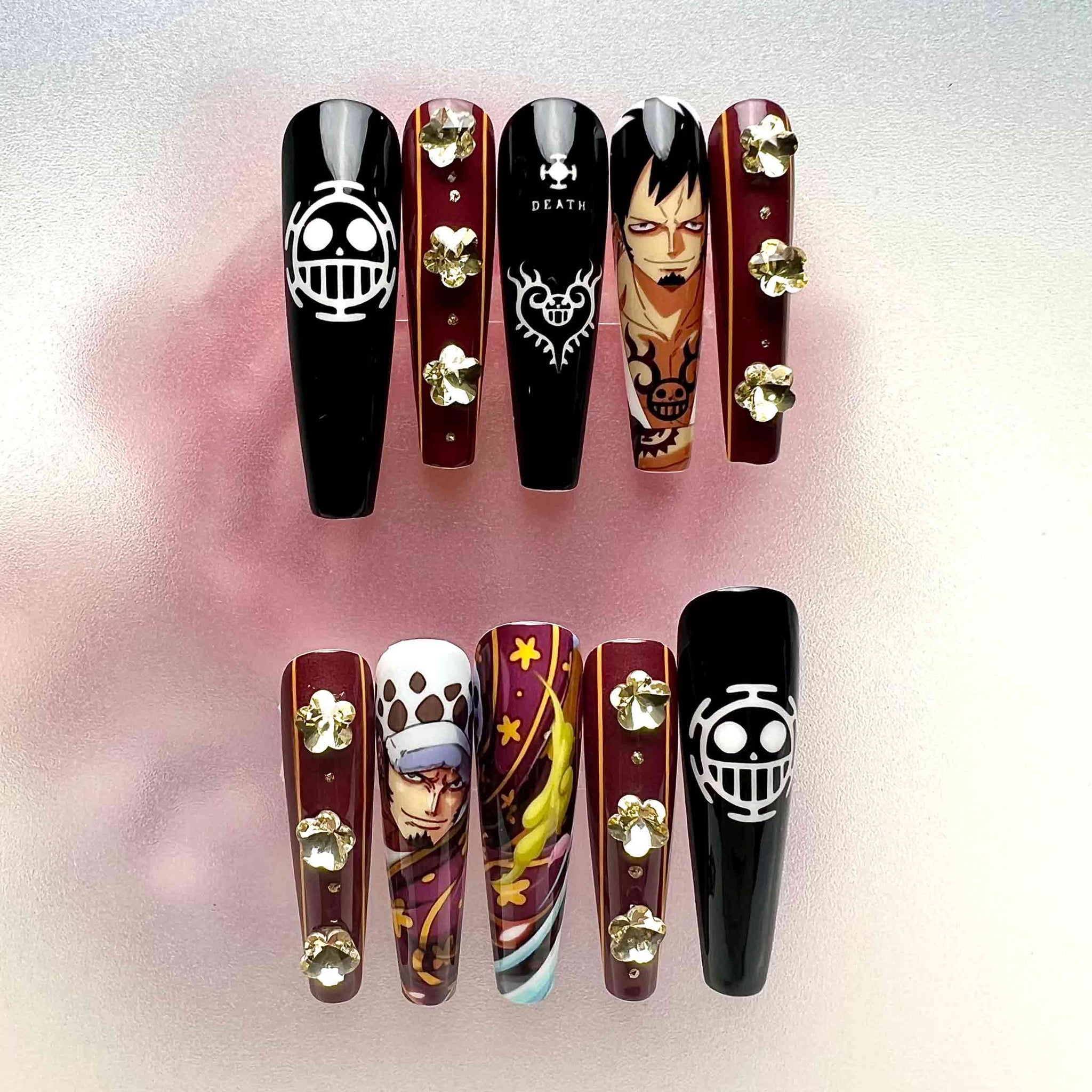 Trafalgar Law Nails – One Piece Anime Press-On Set, 3D Gold Gem &amp; Heart Pirates Design | Dragonnail