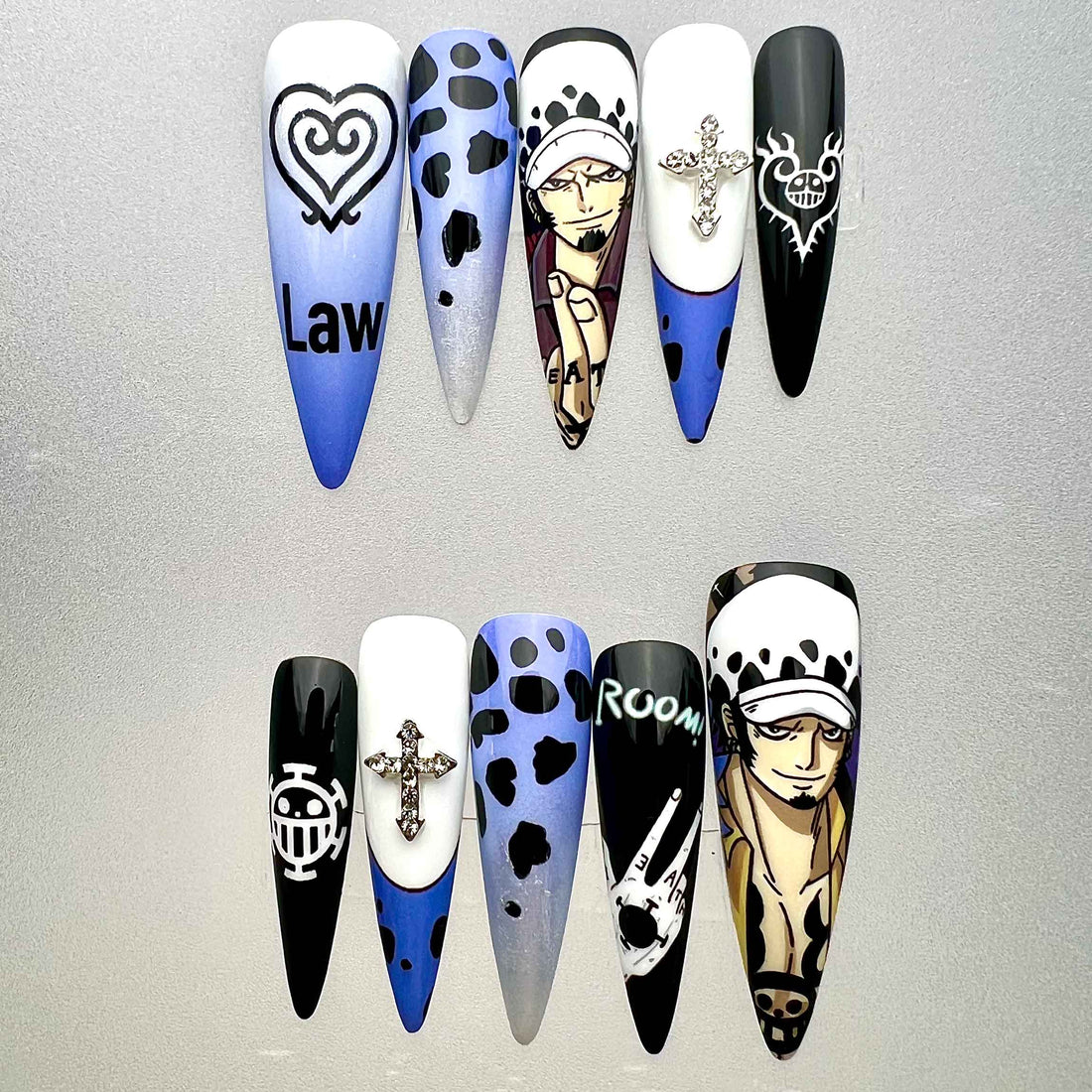 One Piece Trafalgar Law Press-On Nails | Heart Pirates Captain Anime Set | Op-Op Fruit Room, Cow Print &amp; Cross Charm Art | Dragonnail