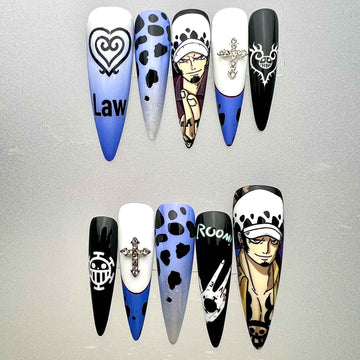 One Piece Trafalgar Law Press-On Nails | Heart Pirates Captain Anime Set | Op-Op Fruit Room, Cow Print &amp; Cross Charm Art | Dragonnail
