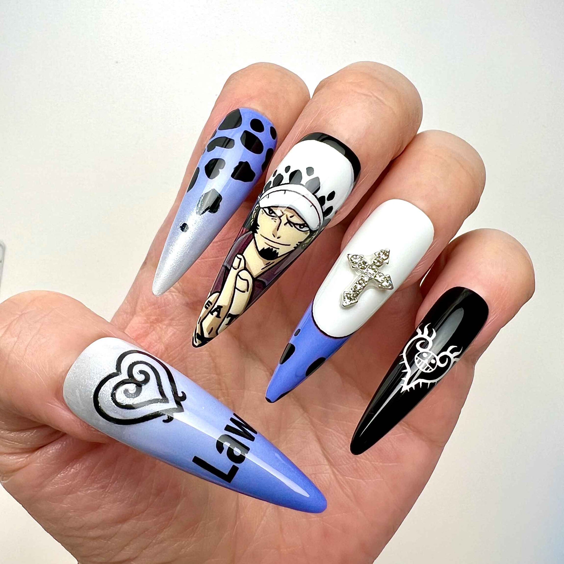 One Piece Trafalgar Law Press-On Nails | Heart Pirates Captain Anime Set | Op-Op Fruit Room, Cow Print &amp; Cross Charm Art | Dragonnail