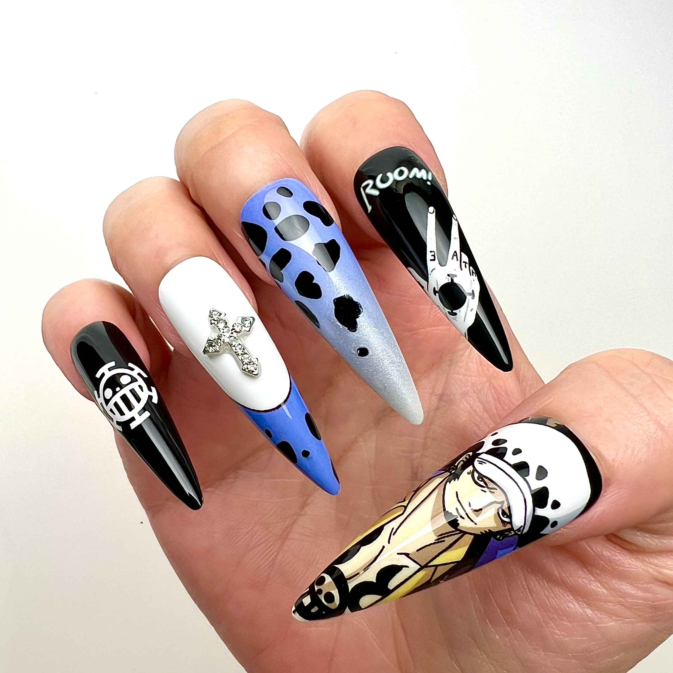 One Piece Trafalgar Law Press-On Nails | Heart Pirates Captain Anime Set | Op-Op Fruit Room, Cow Print &amp; Cross Charm Art | Dragonnail