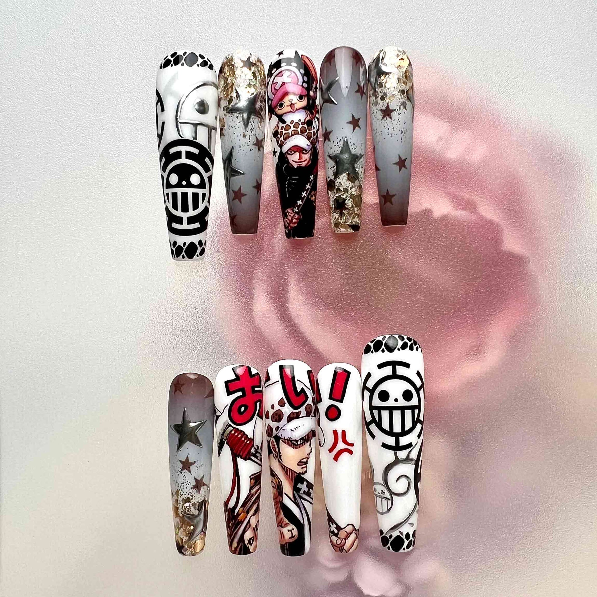 Trafalgar Law &amp; Chopper Nails – One Piece Anime Press-On Set, Heart Pirates Jolly Roger &amp; Star Glitter Design | Dragonnail