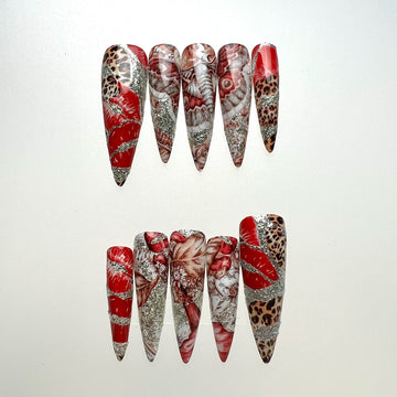 Red Lip &amp; Leopard Nails – Glam Press-On Set, Baddie Abstract &amp; Silver Glitter Design | Dragonnail