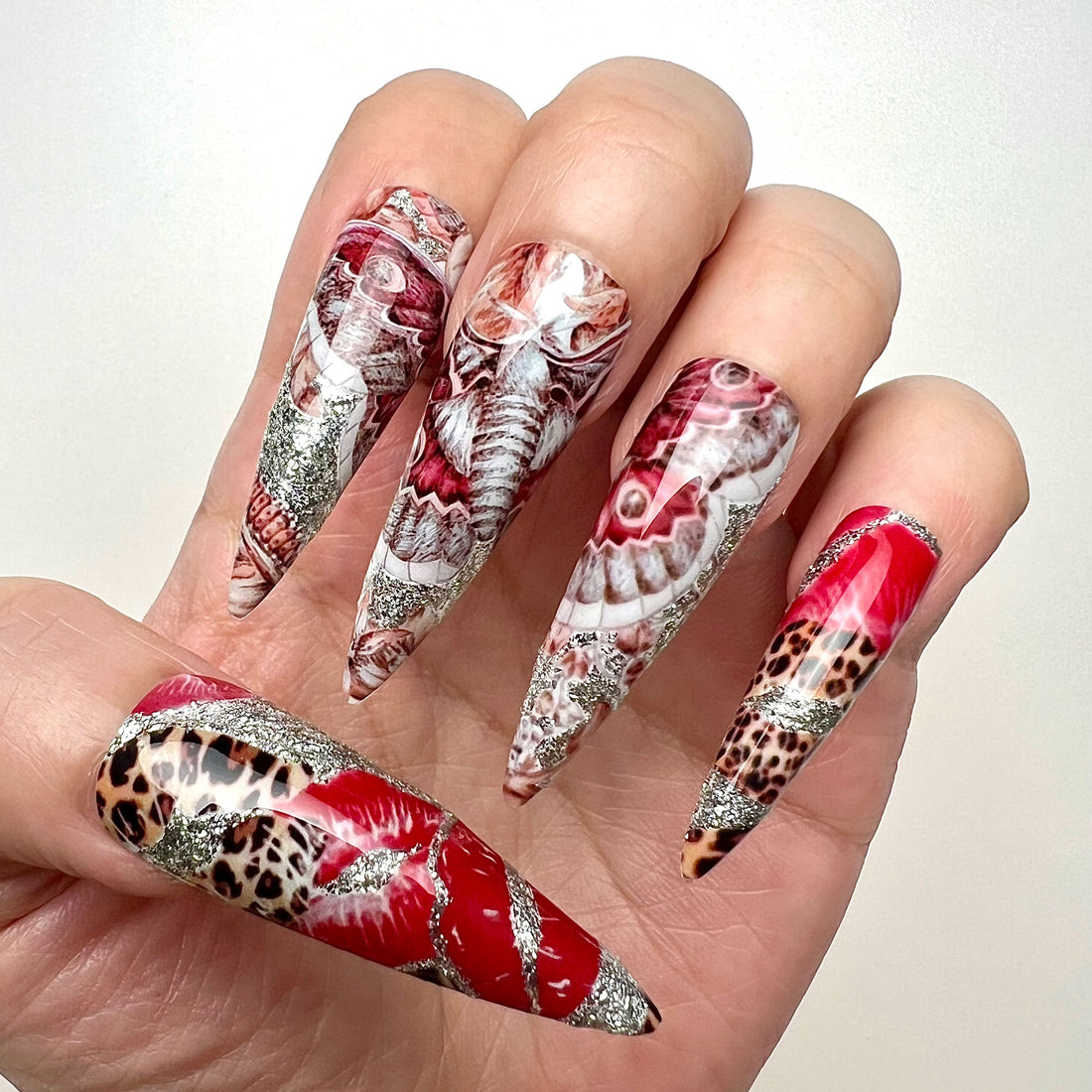 Red Lip &amp; Leopard Nails – Glam Press-On Set, Baddie Abstract &amp; Silver Glitter Design | Dragonnail