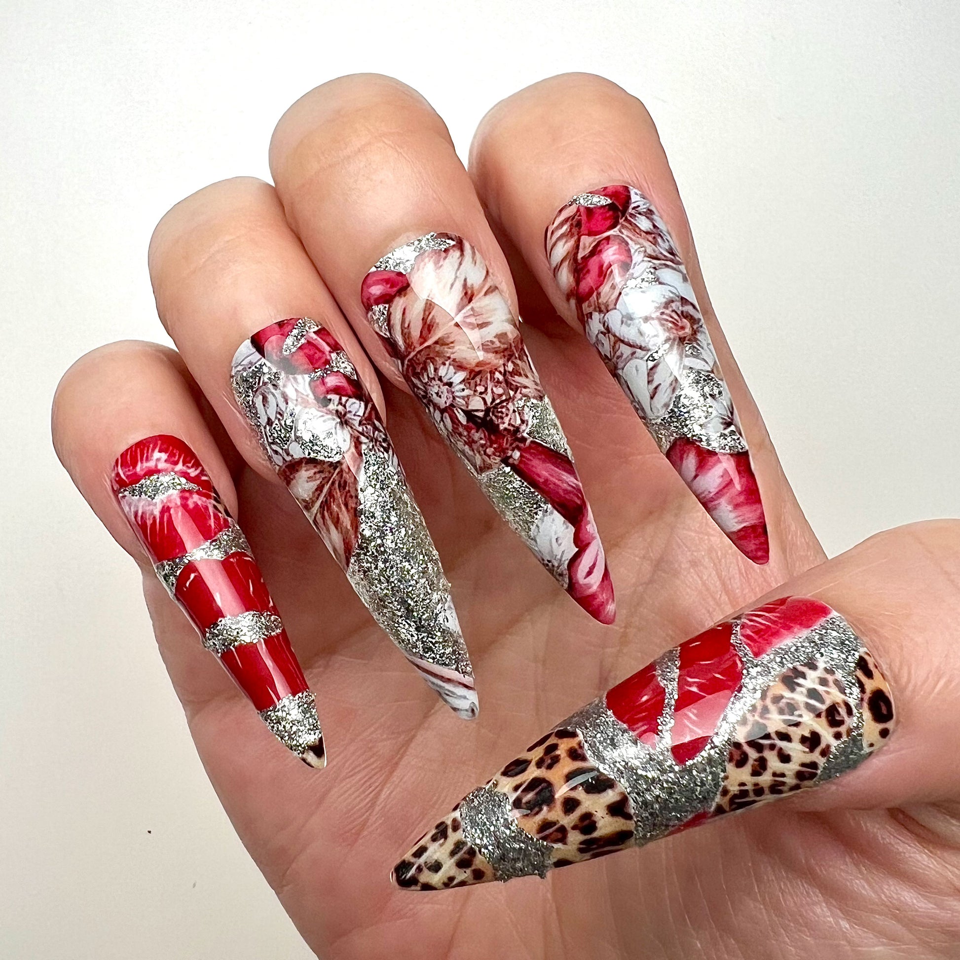 Red Lip &amp; Leopard Nails – Glam Press-On Set, Baddie Abstract &amp; Silver Glitter Design | Dragonnail