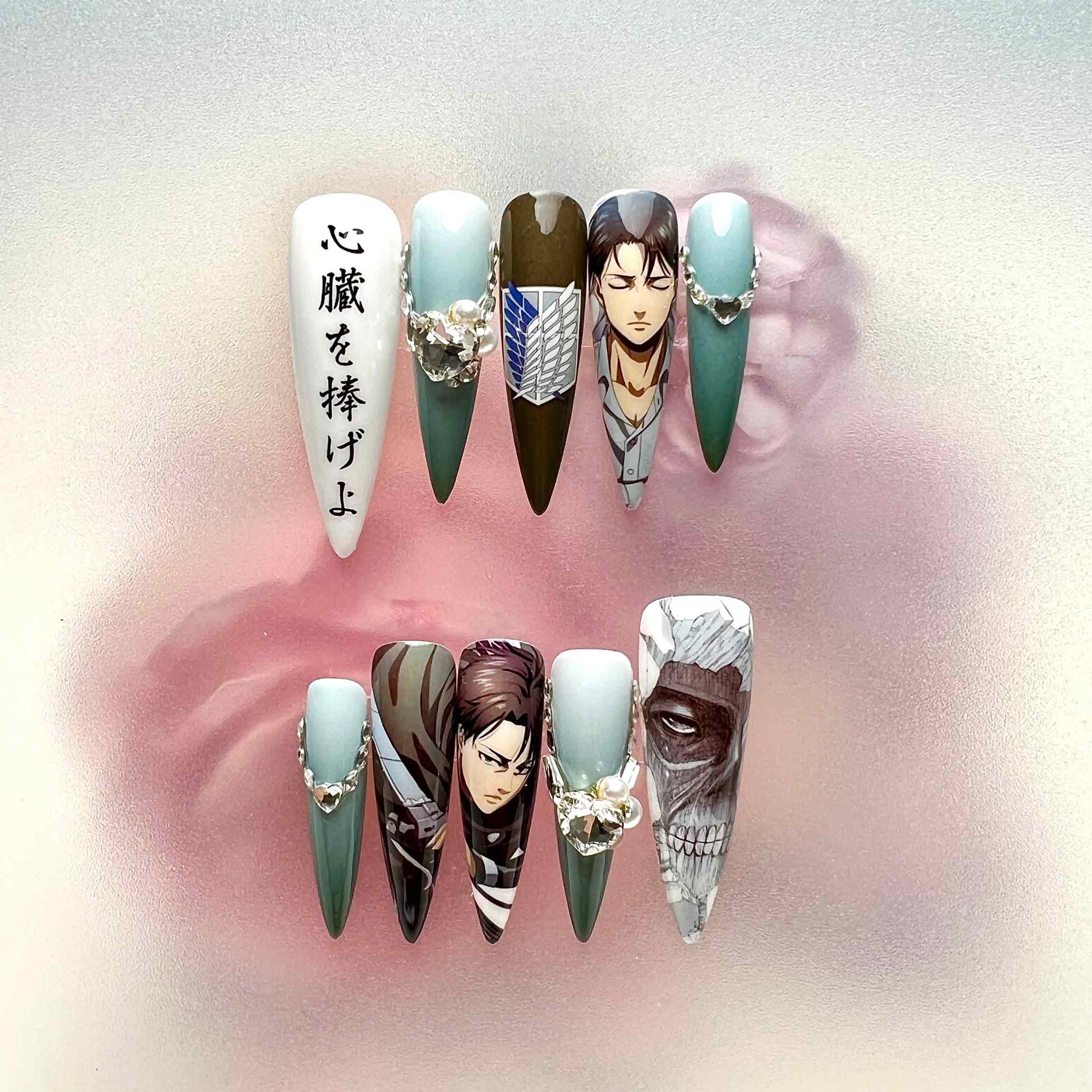 Attack on Titan AOT Press-On Nails | Eren Yeager &amp; Colossal Titan Anime Set | Survey Corps Logo, Kanji &amp; 3D Charms | Dragonnail