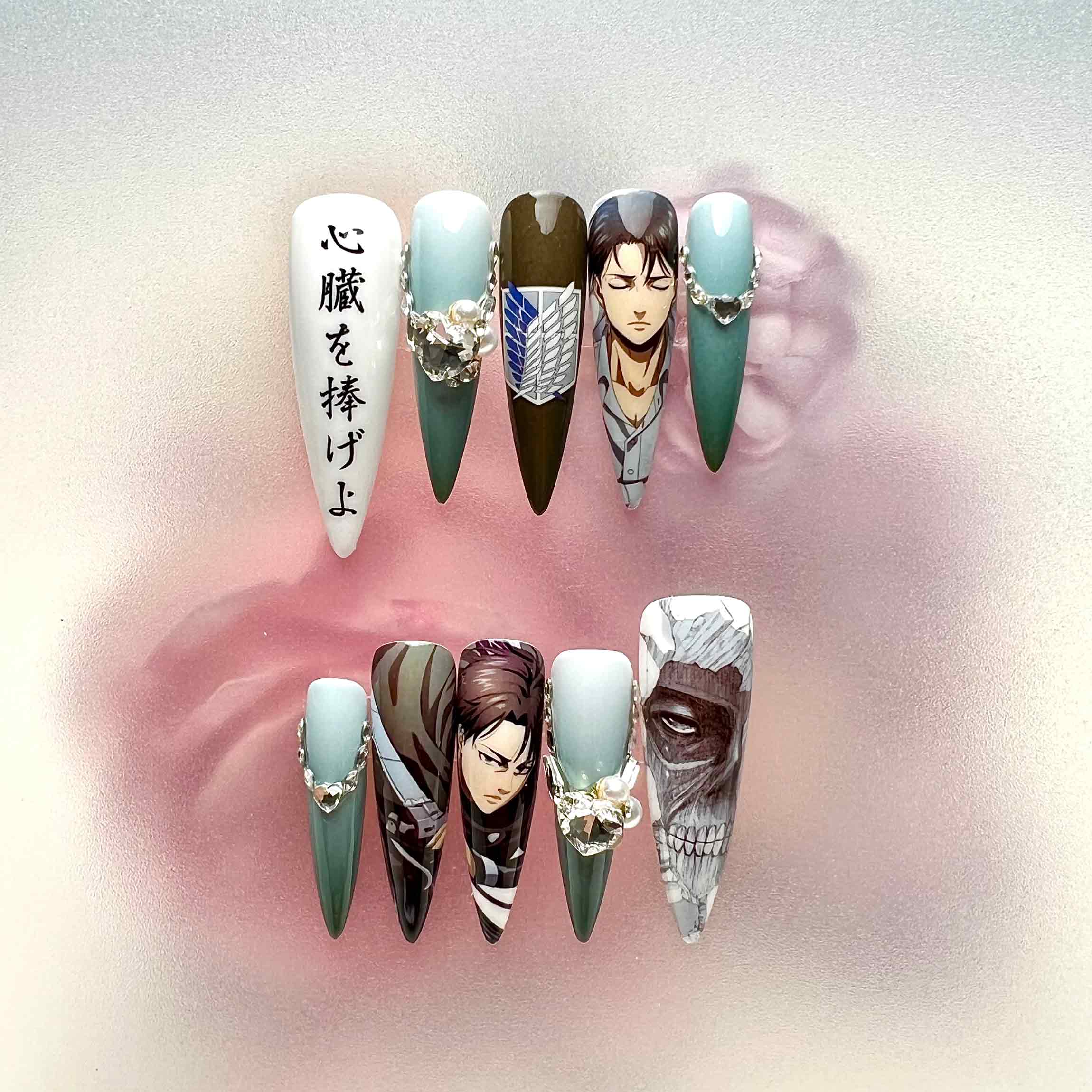 Attack on Titan AOT Press-On Nails | Eren Yeager &amp; Colossal Titan Anime Set | Survey Corps Logo, Kanji &amp; 3D Charms | Dragonnail