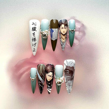 Attack on Titan AOT Press-On Nails | Eren Yeager &amp; Colossal Titan Anime Set | Survey Corps Logo, Kanji &amp; 3D Charms | Dragonnail