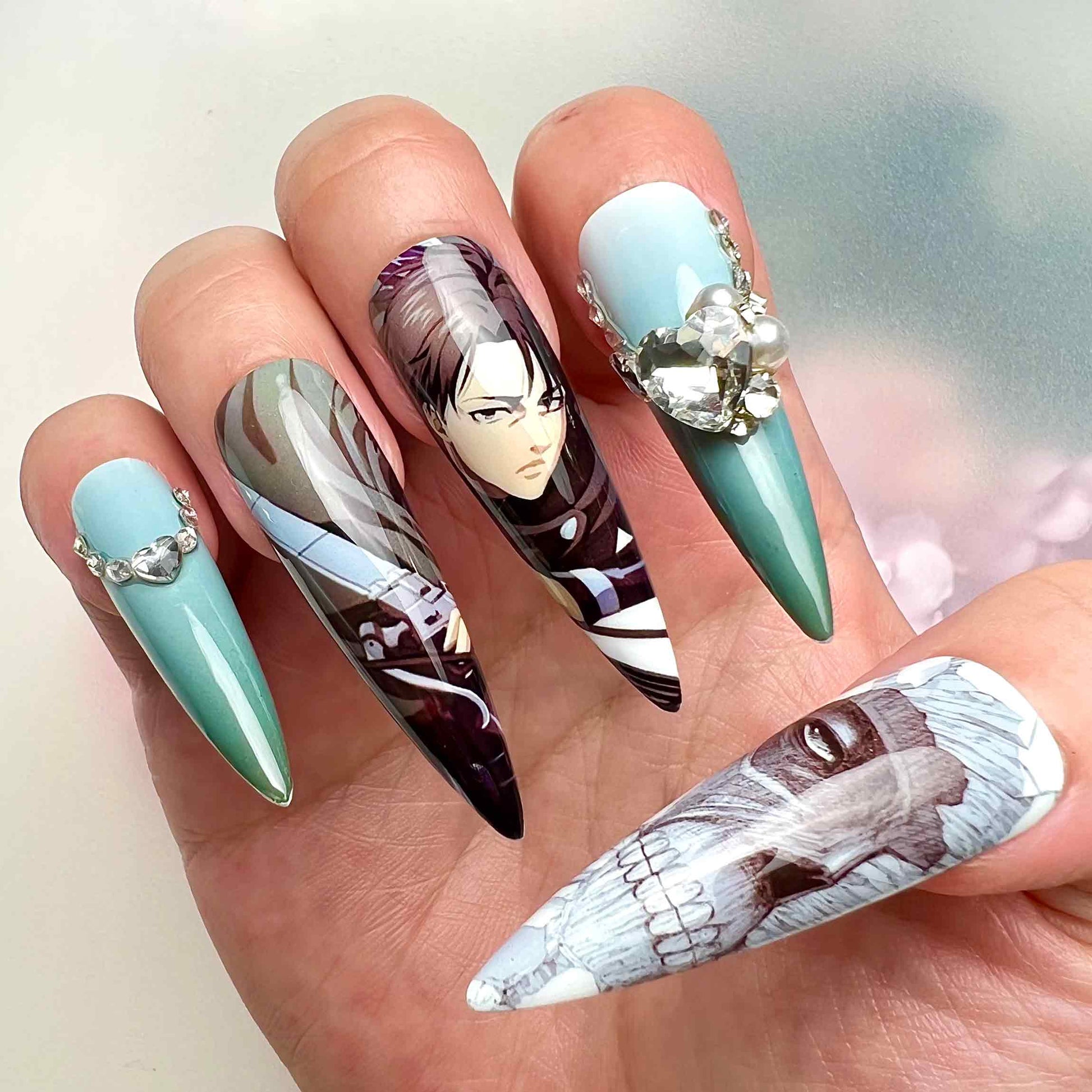 Attack on Titan AOT Press-On Nails | Eren Yeager &amp; Colossal Titan Anime Set | Survey Corps Logo, Kanji &amp; 3D Charms | Dragonnail