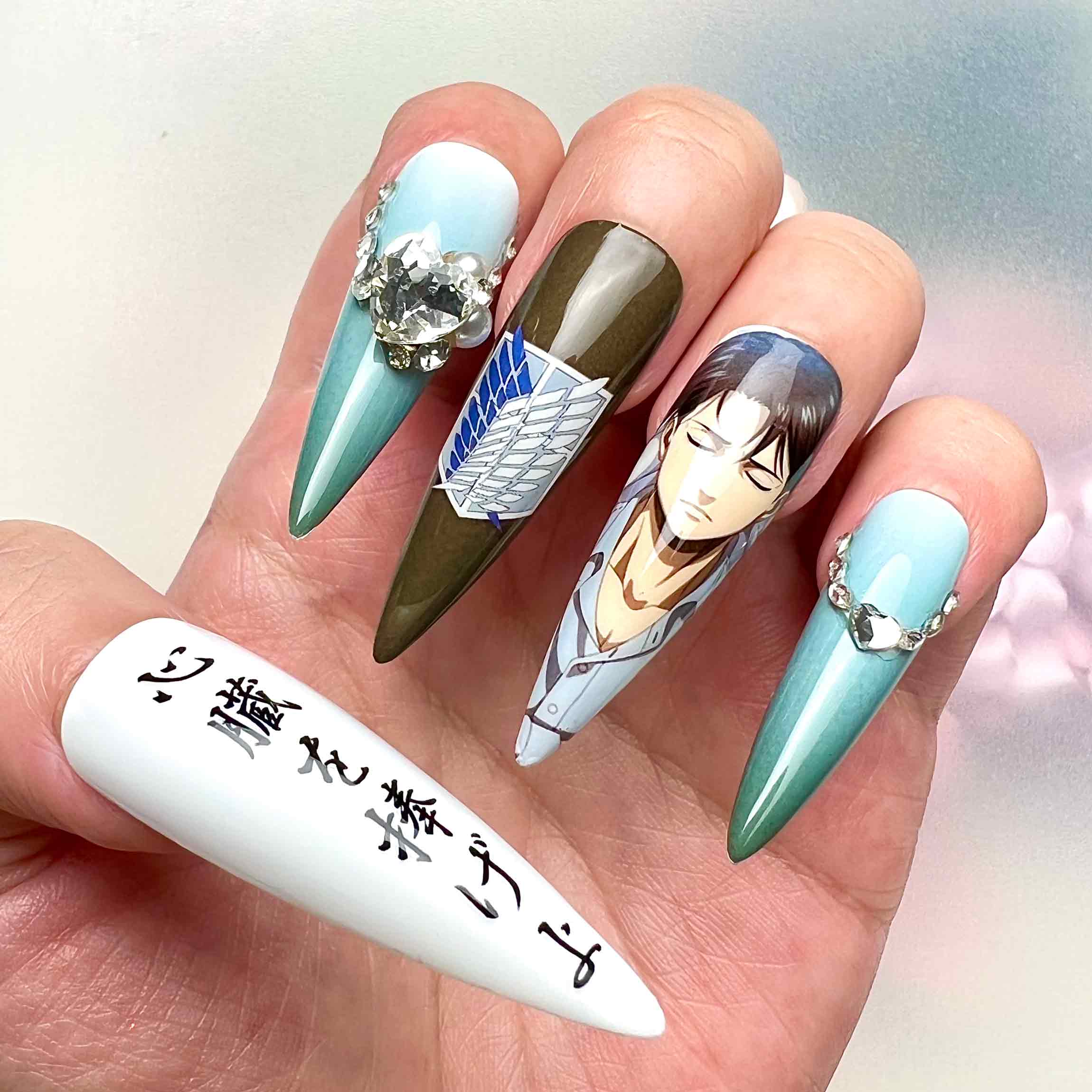 Attack on Titan AOT Press-On Nails | Eren Yeager &amp; Colossal Titan Anime Set | Survey Corps Logo, Kanji &amp; 3D Charms | Dragonnail