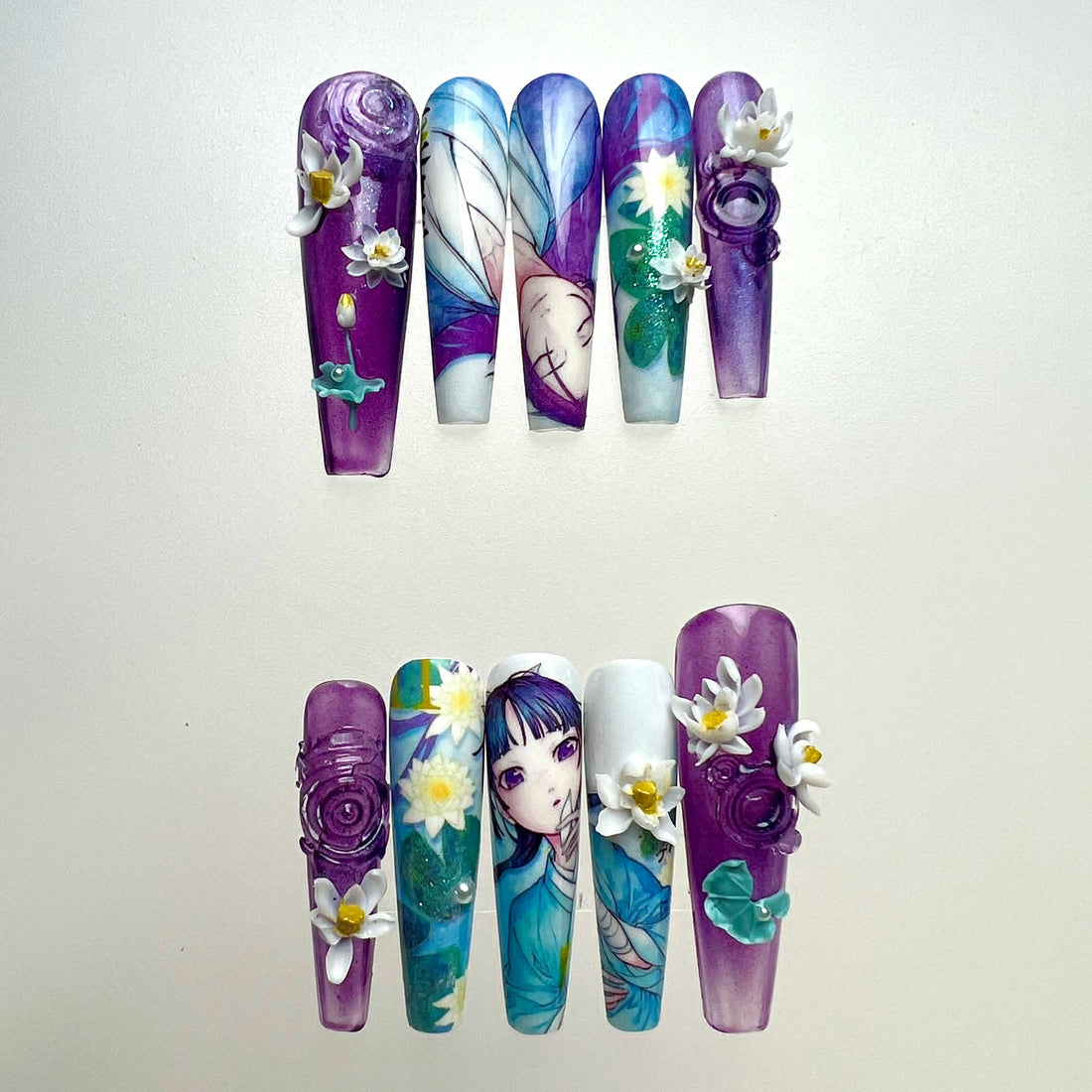 Raiden Shogun Nails – Genshin Impact Press-On Set, 3D Water Lily &amp; Purple Jelly Anime Design | Dragonnail