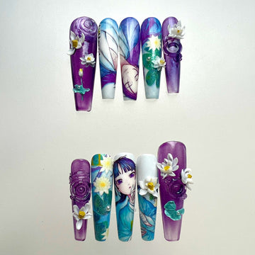 Raiden Shogun Nails – Genshin Impact Press-On Set, 3D Water Lily &amp; Purple Jelly Anime Design | Dragonnail