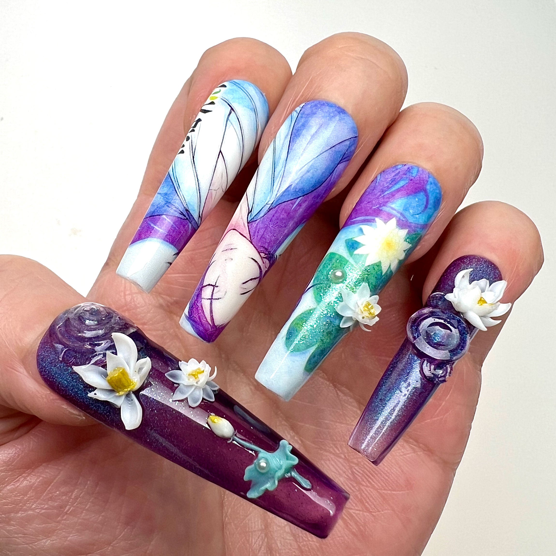 Raiden Shogun Nails – Genshin Impact Press-On Set, 3D Water Lily &amp; Purple Jelly Anime Design | Dragonnail