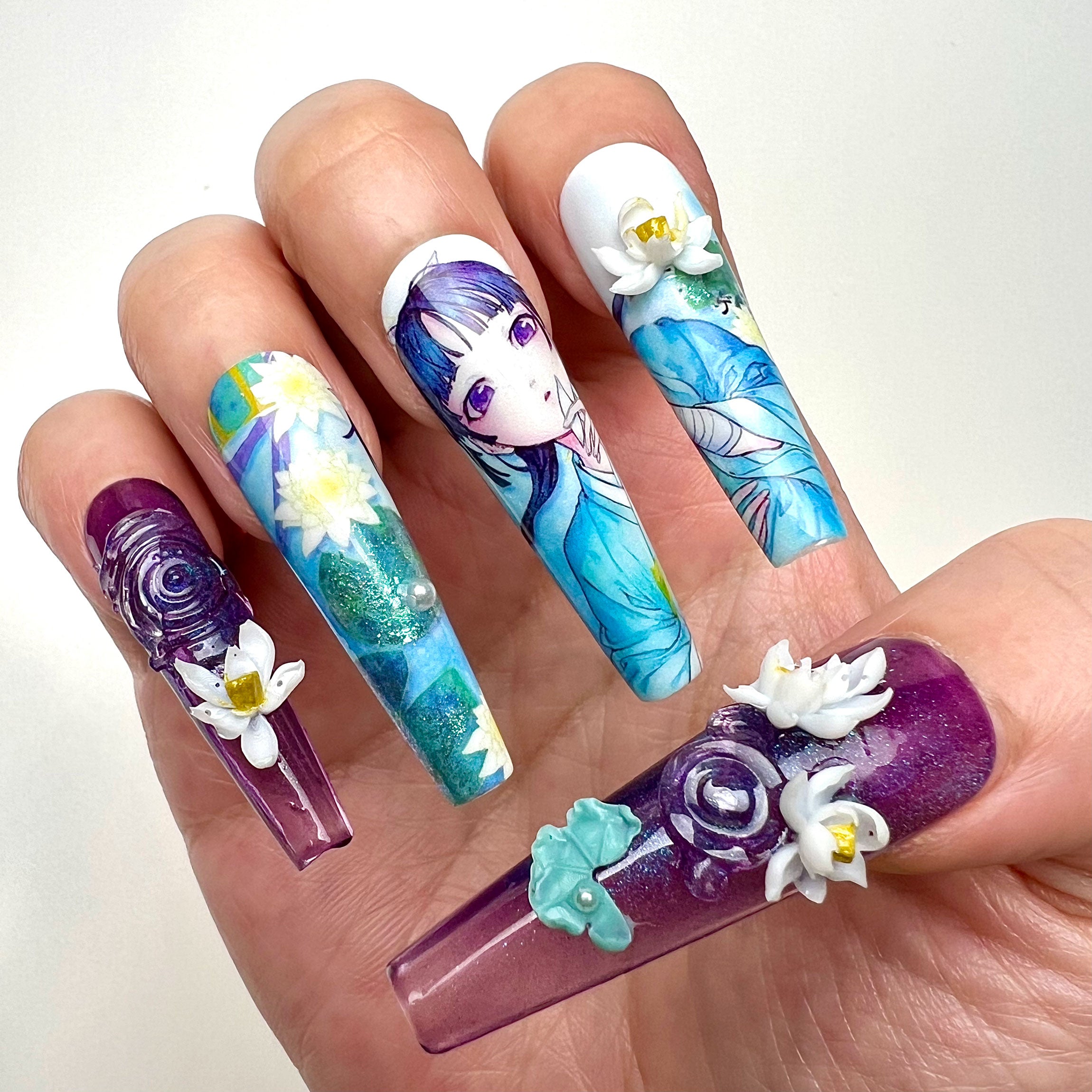 Raiden Shogun Nails – Genshin Impact Press-On Set, 3D Water Lily &amp; Purple Jelly Anime Design | Dragonnail