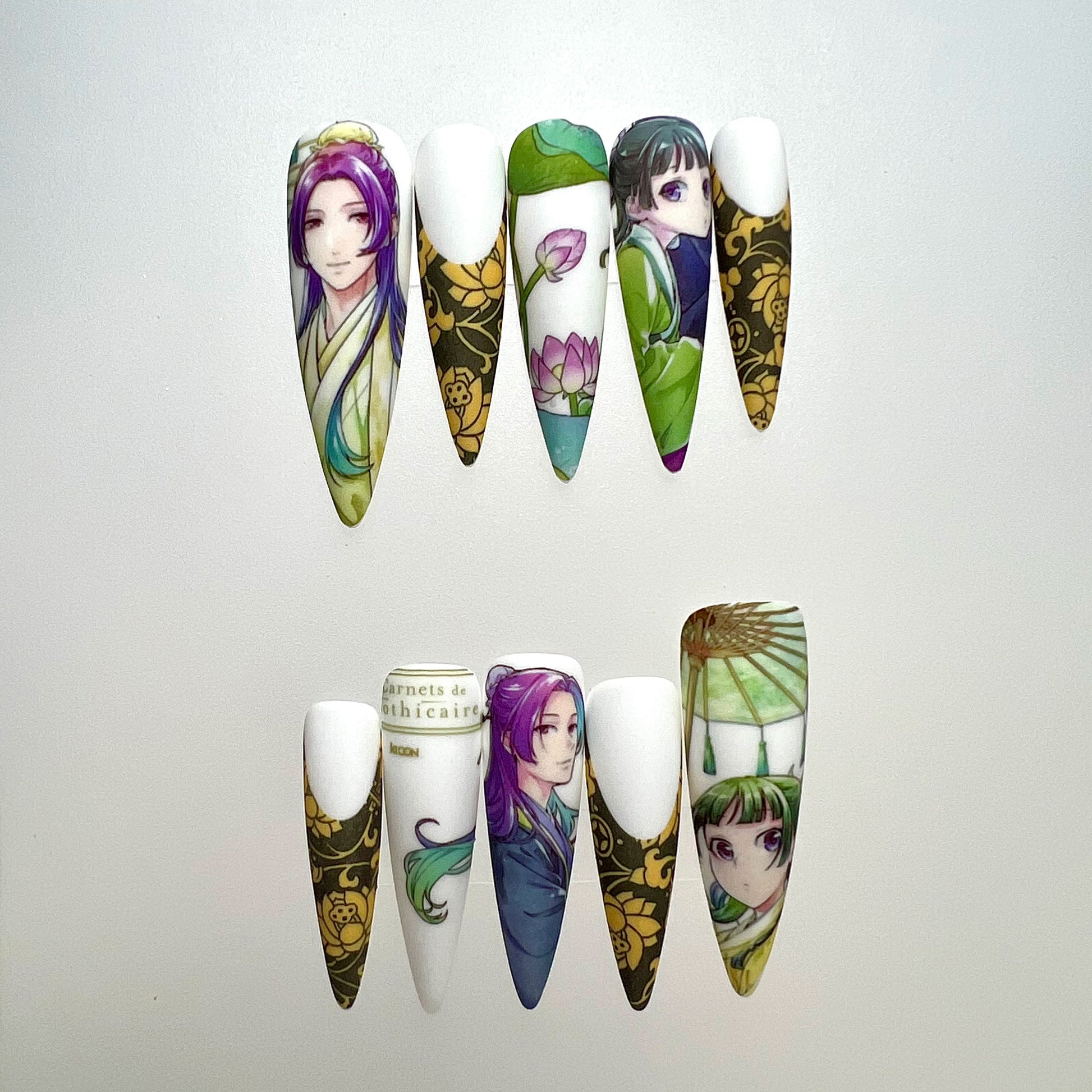 The Apothecary Diaries Nails – Jinshi &amp; Maomao Press-On Set, Elegant Gold Floral Anime Design | Dragonnail