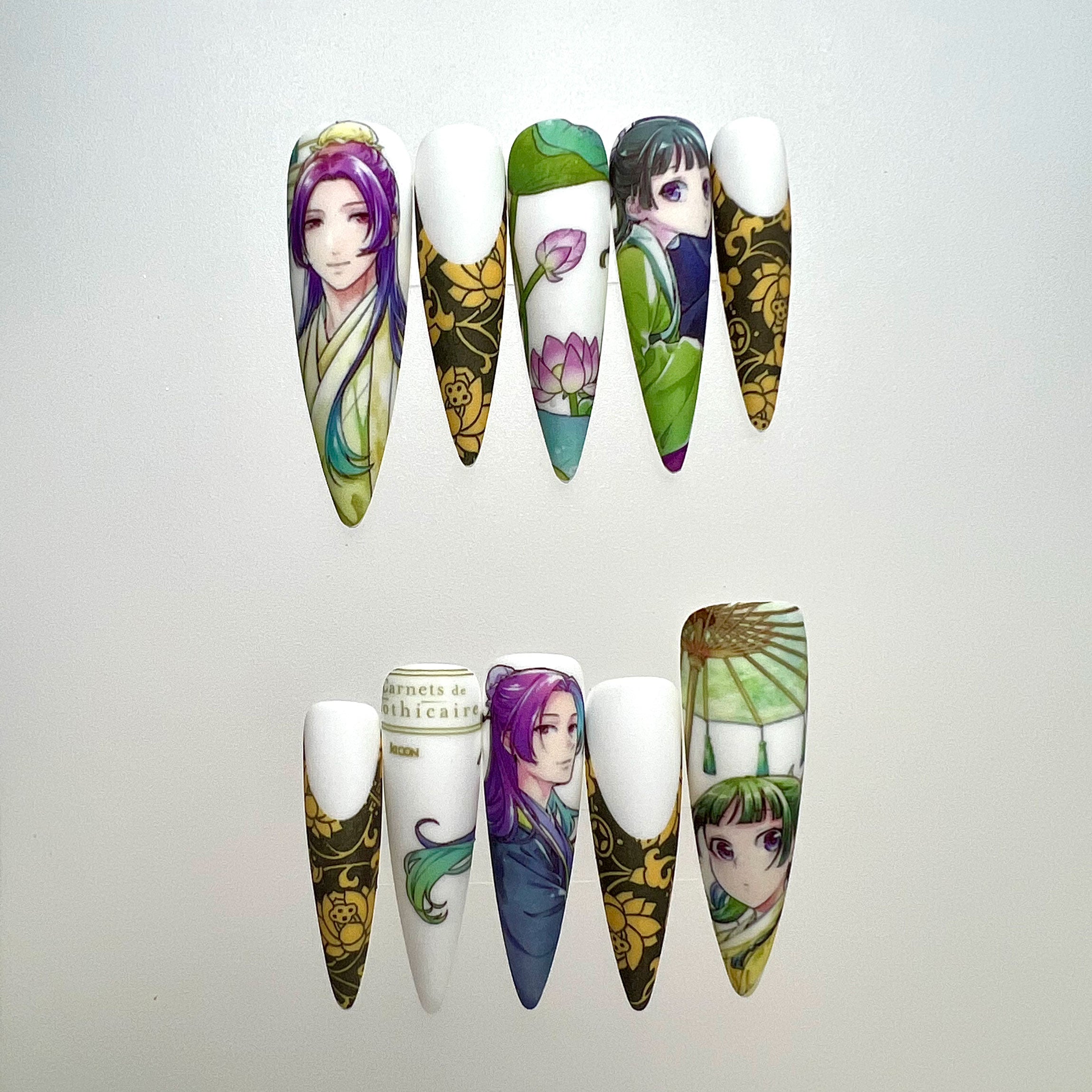 The Apothecary Diaries Nails – Jinshi &amp; Maomao Press-On Set, Elegant Gold Floral Anime Design | Dragonnail