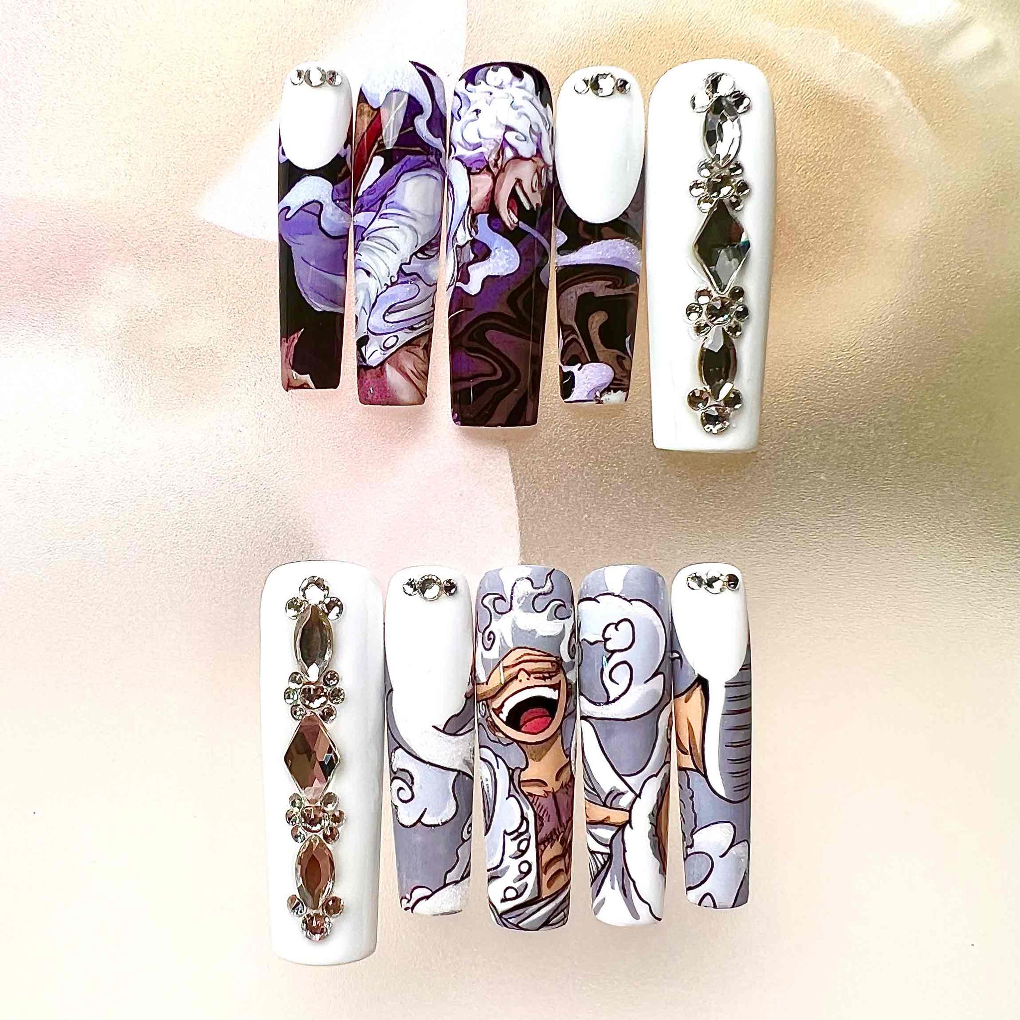 Luffy Gear 5 Nails – One Piece Press-On Set, Sun God Nika White &amp; Purple 3D Gem Design | Dragonnail