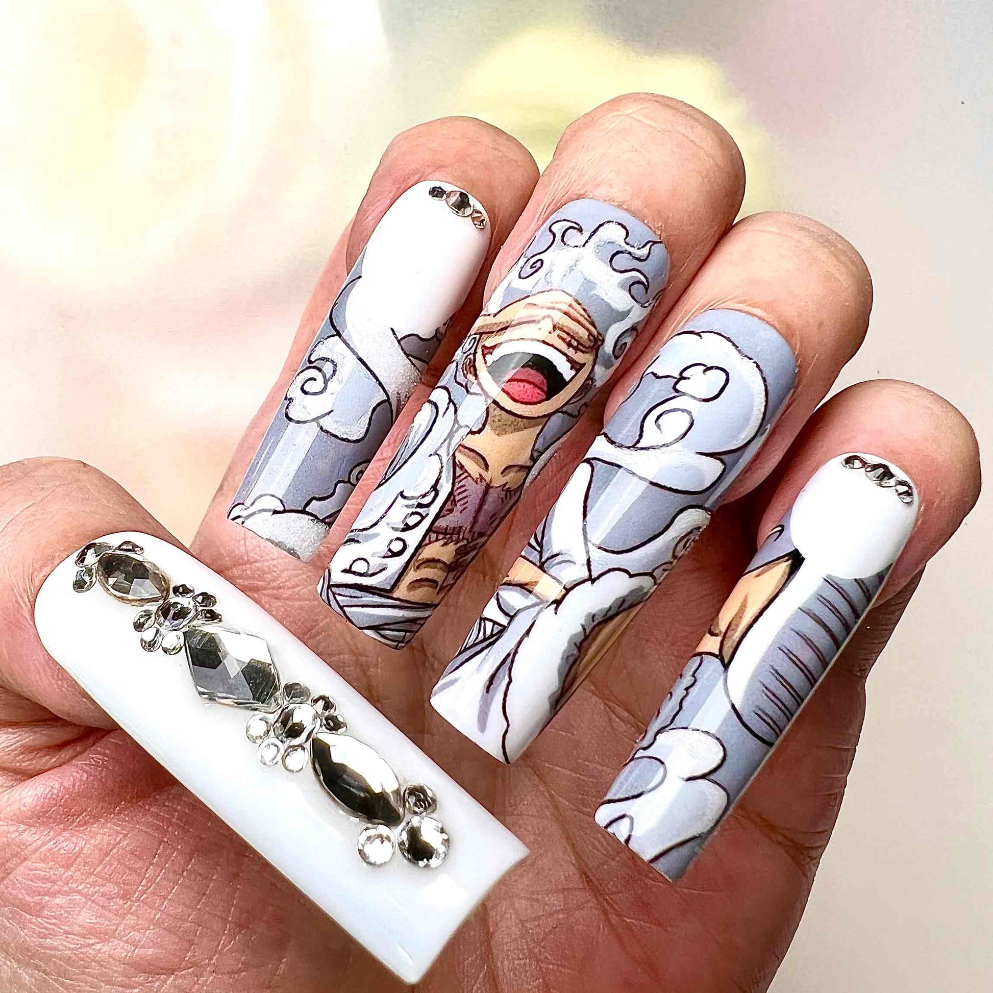 Luffy Gear 5 Nails – One Piece Press-On Set, Sun God Nika White &amp; Purple 3D Gem Design | Dragonnail