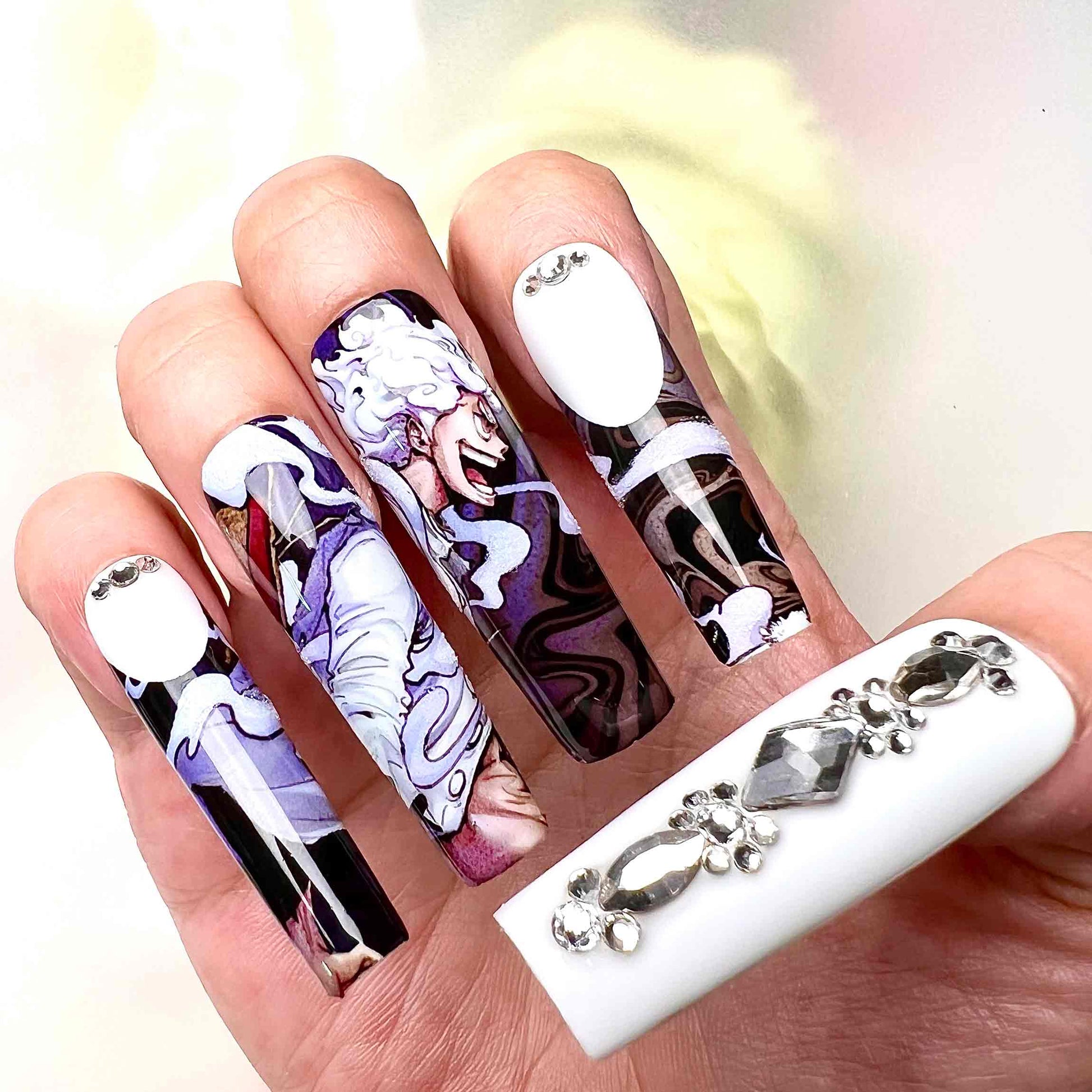 Luffy Gear 5 Nails – One Piece Press-On Set, Sun God Nika White &amp; Purple 3D Gem Design | Dragonnail