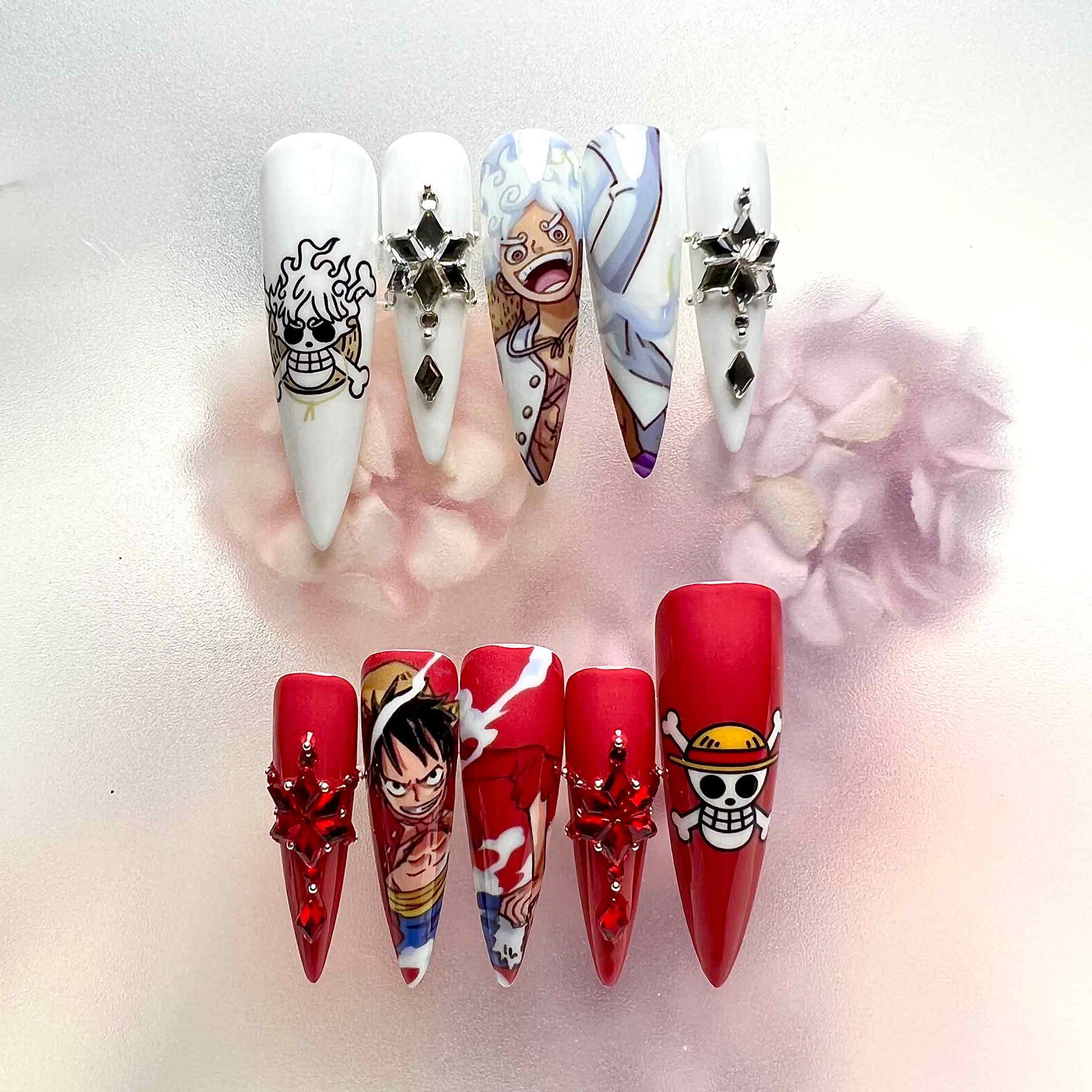 Luffy Gear 5 Nails – One Piece Press-On Set, Red &amp; White Nika Split Design, 3D Gem | Dragonnail