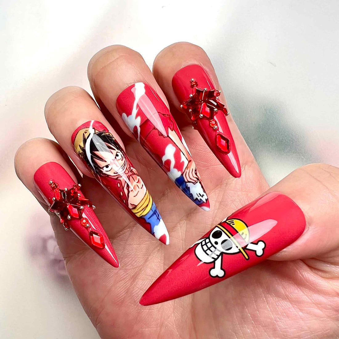 Luffy Gear 5 Nails – One Piece Press-On Set, Red &amp; White Nika Split Design, 3D Gem | Dragonnail