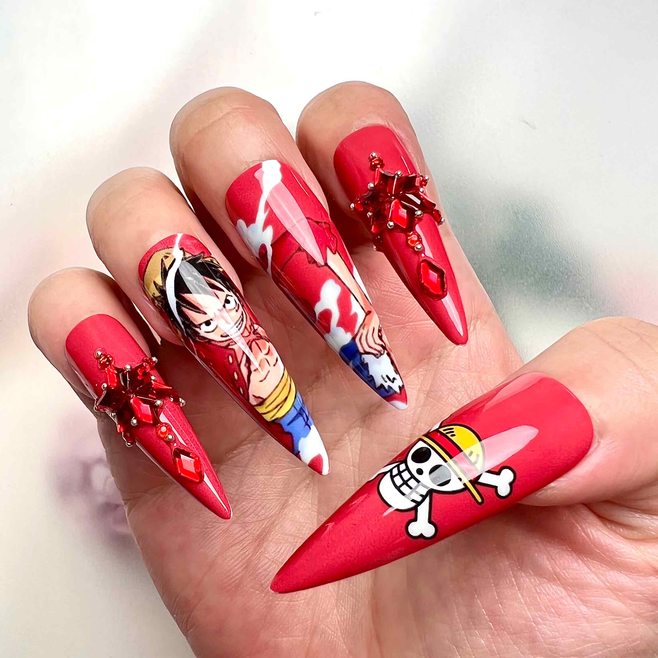 Luffy Gear 5 Nails – One Piece Press-On Set, Red &amp; White Nika Split Design, 3D Gem | Dragonnail