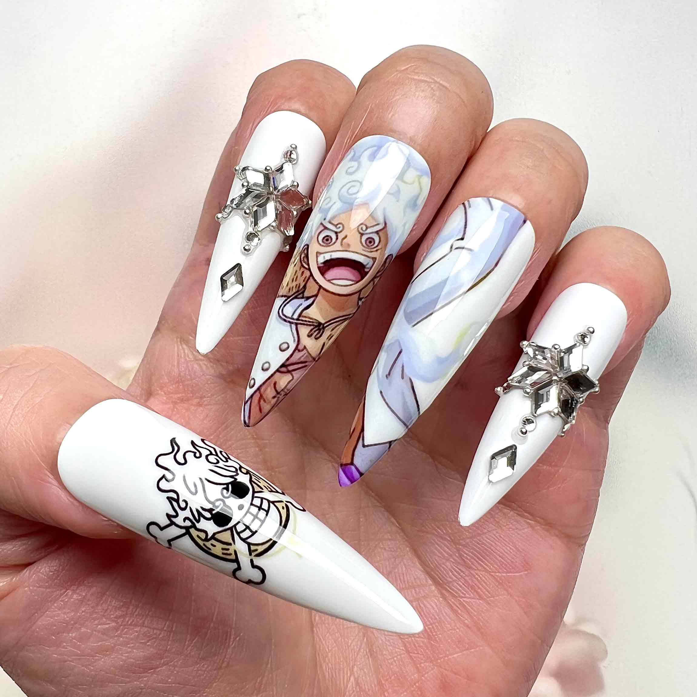 Luffy Gear 5 Nails – One Piece Press-On Set, Red &amp; White Nika Split Design, 3D Gem | Dragonnail