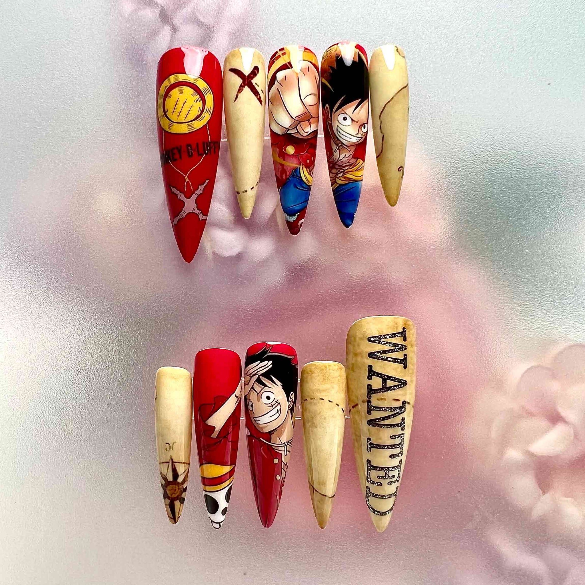 Luffy Nails – One Piece Press-On Set, "WANTED" Poster &amp; Treasure Map Red Anime Design | Dragonnail