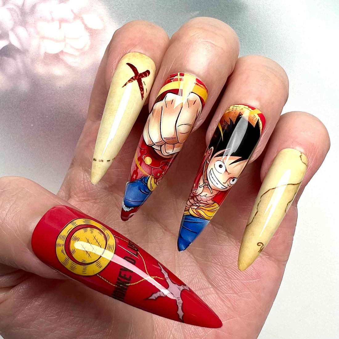 Luffy Nails – One Piece Press-On Set, "WANTED" Poster &amp; Treasure Map Red Anime Design | Dragonnail