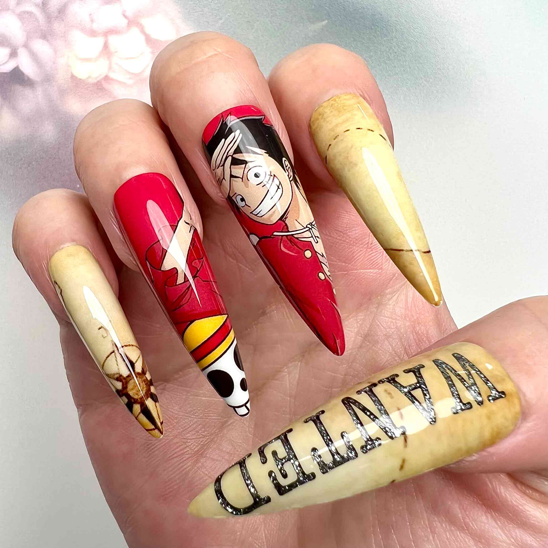Luffy Nails – One Piece Press-On Set, "WANTED" Poster &amp; Treasure Map Red Anime Design | Dragonnail