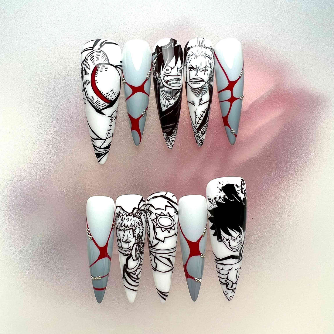 One Piece Manga Nails – Luffy Gear 5 &amp; Zoro Press-On Set, Red &amp; Grey Accent Anime Design | Dragonnail
