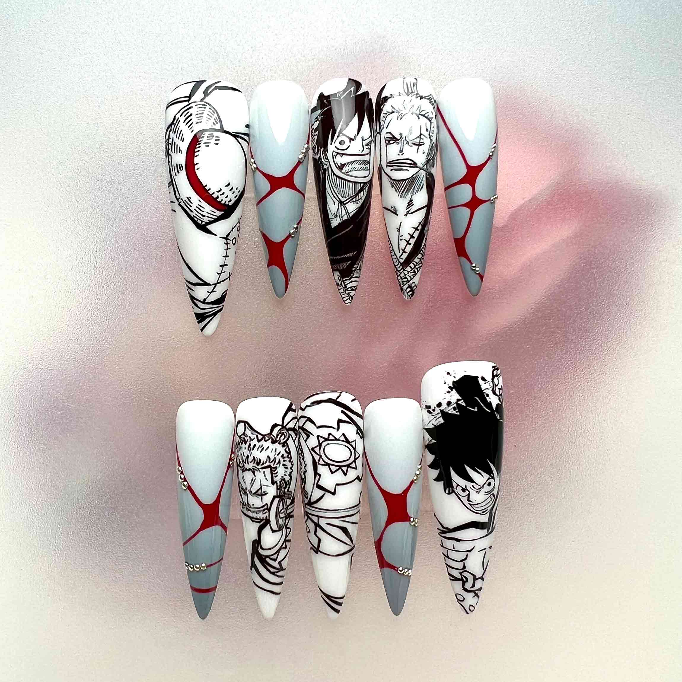 One Piece Manga Nails – Luffy Gear 5 &amp; Zoro Press-On Set, Red &amp; Grey Accent Anime Design | Dragonnail
