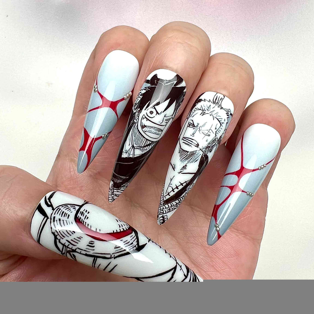 One Piece Manga Nails – Luffy Gear 5 &amp; Zoro Press-On Set, Red &amp; Grey Accent Anime Design | Dragonnail